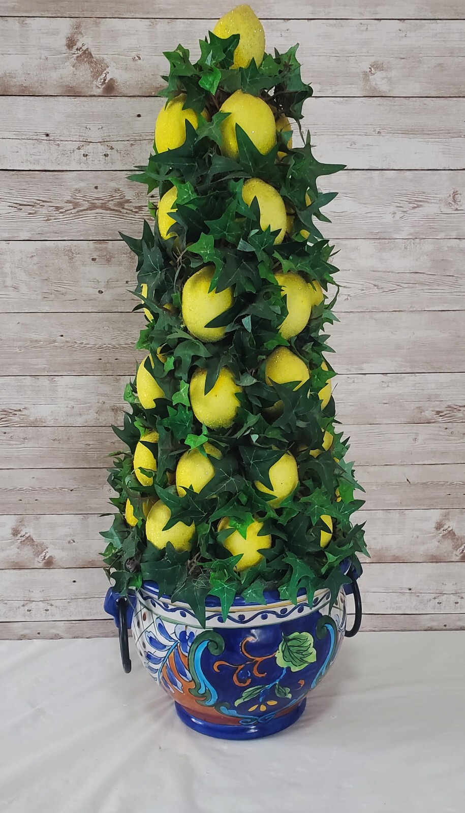 Faux Lemon 23″ Topiary Tree Centerpiece in Beautiful Cobalt Blue & Rust Planter