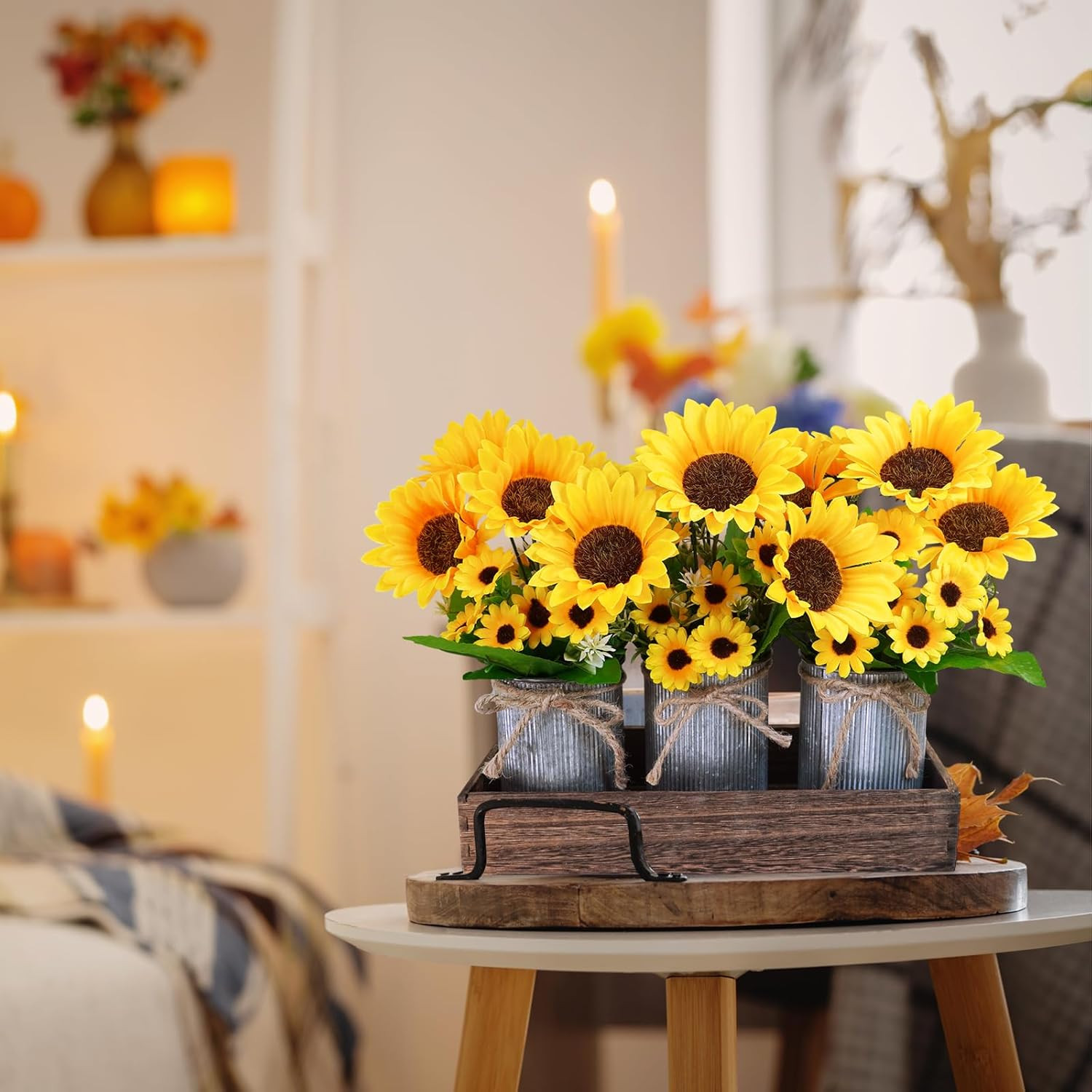 Set of 3 Artificial Sunflowers Metal Pot Centerpiece Farmhouse Sunflowers Flo…