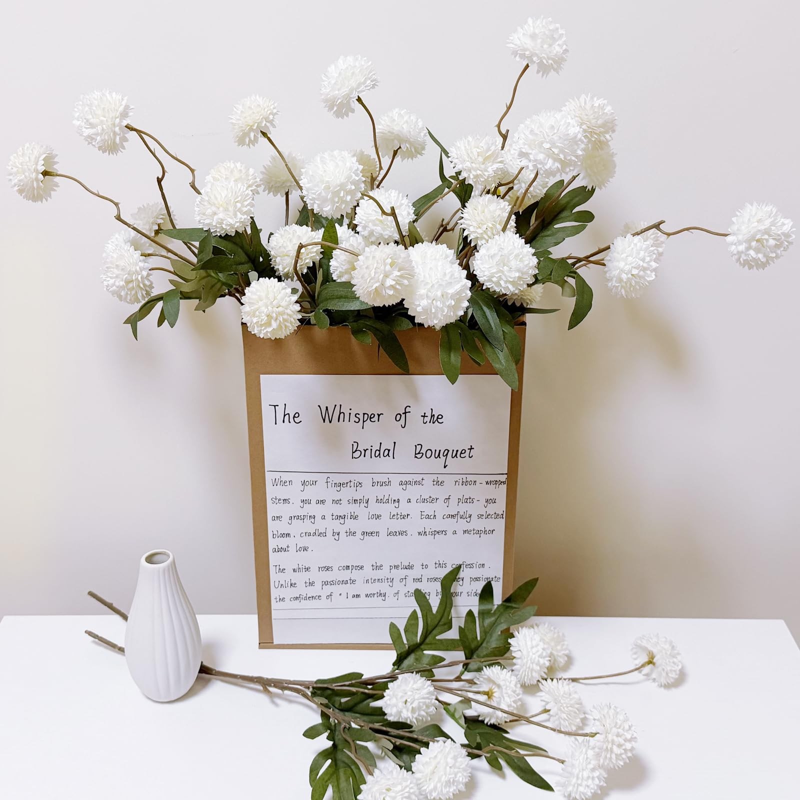 8 Pcs Artificial Flowers White Beige Faux Silk Pompon Mums, 20″ Long Stem Fak…