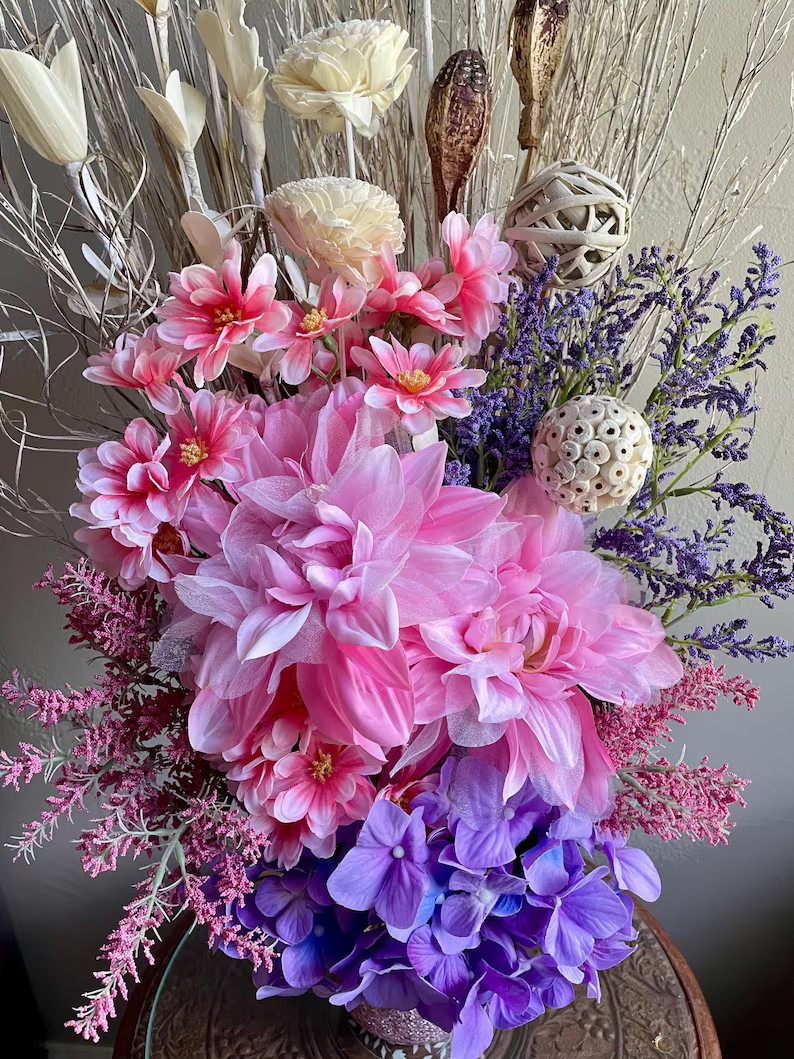 Large Pink & Purple Floral Arrangement: Shabby Chic Home Decor Table Centerpiece