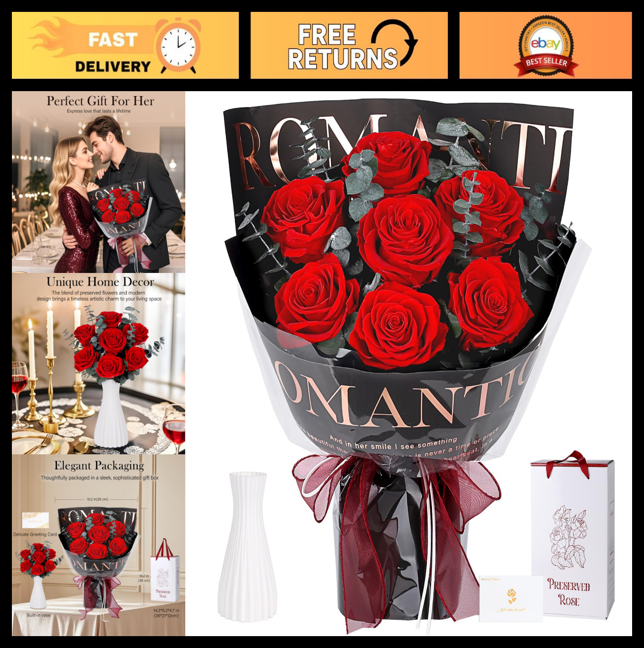 7 Red Roses Preserved Flowers in Black Wrap – Perfect Gift for Women