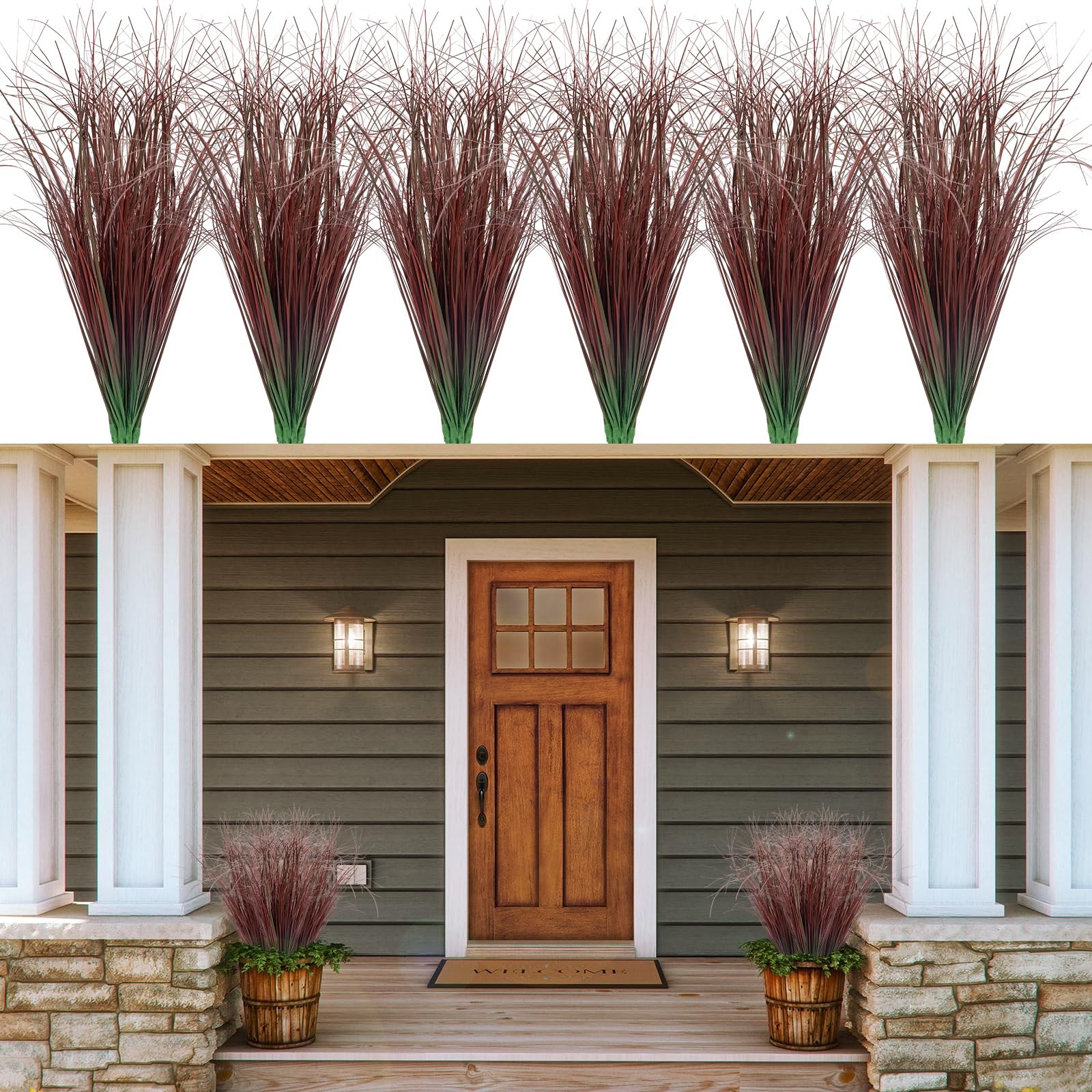 24 Bundles Artificial Grass Plants Outdoor Tall Faux Shrubs Greenery Stems Fa…