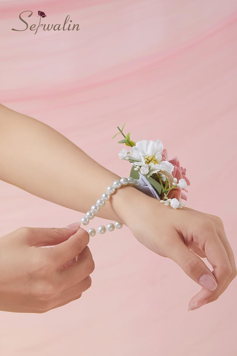 6 PCS Pink Rose Wrist Corsages Wedding Prom Homecoming Party Hand Decor Bride