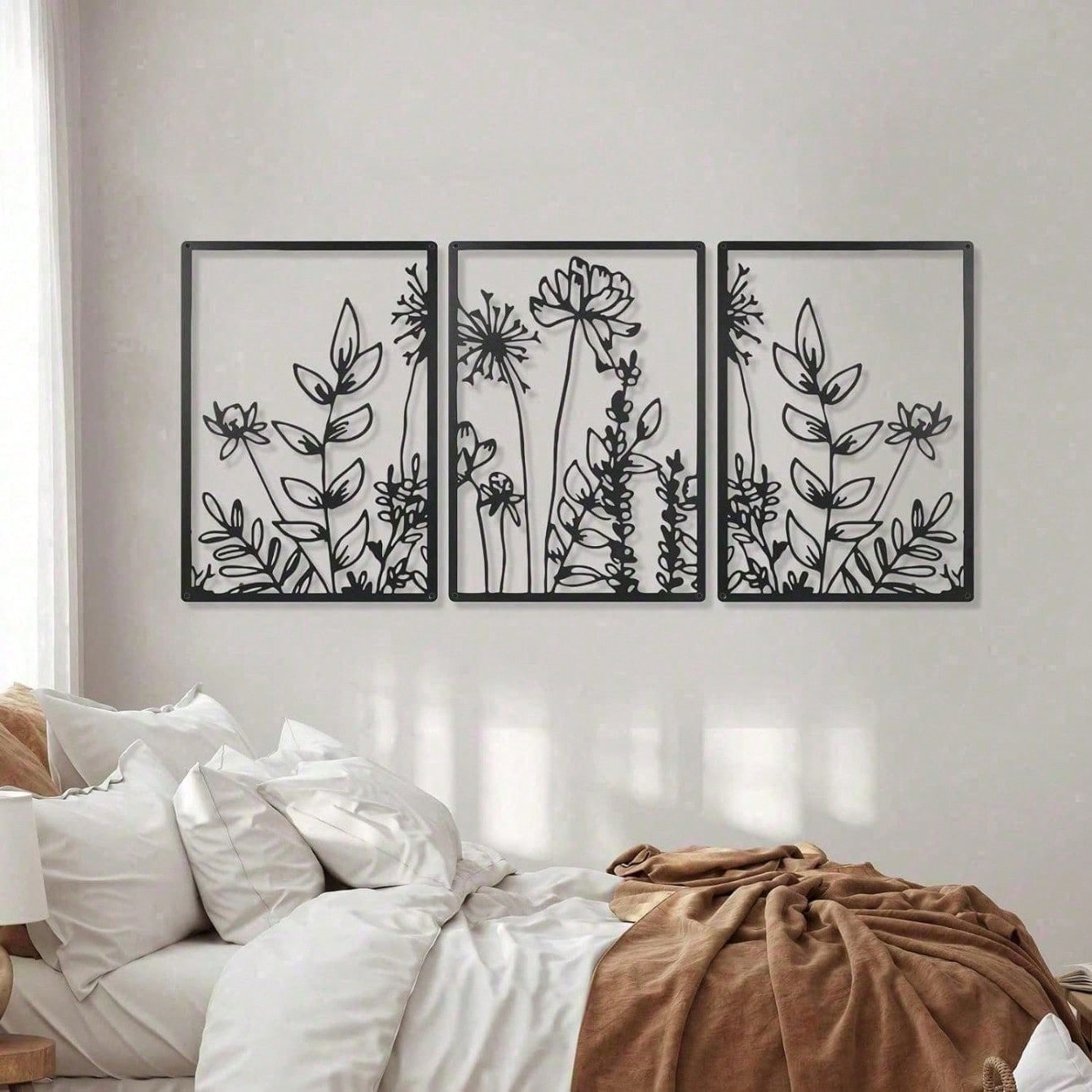 Boho Floral Metal Wall Art Set of 3 Minimalist for Living Room Bedroom Office