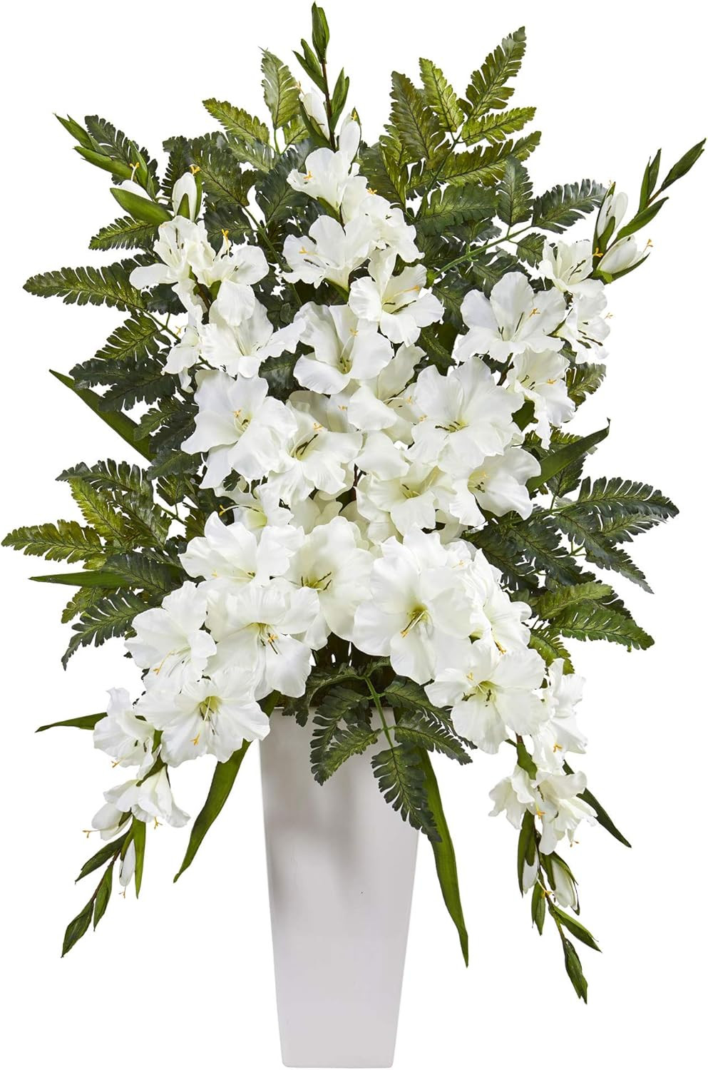 Elegant White Gladiolas & Ferns in Vase – Artificial Silk Arrangement