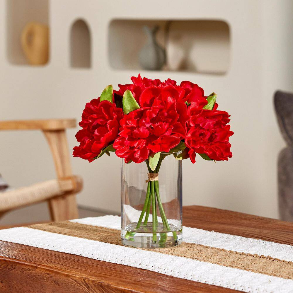 Faux Series 11 In. Red Indoor Artificial Silk Peony Bouquets with Stems for Home