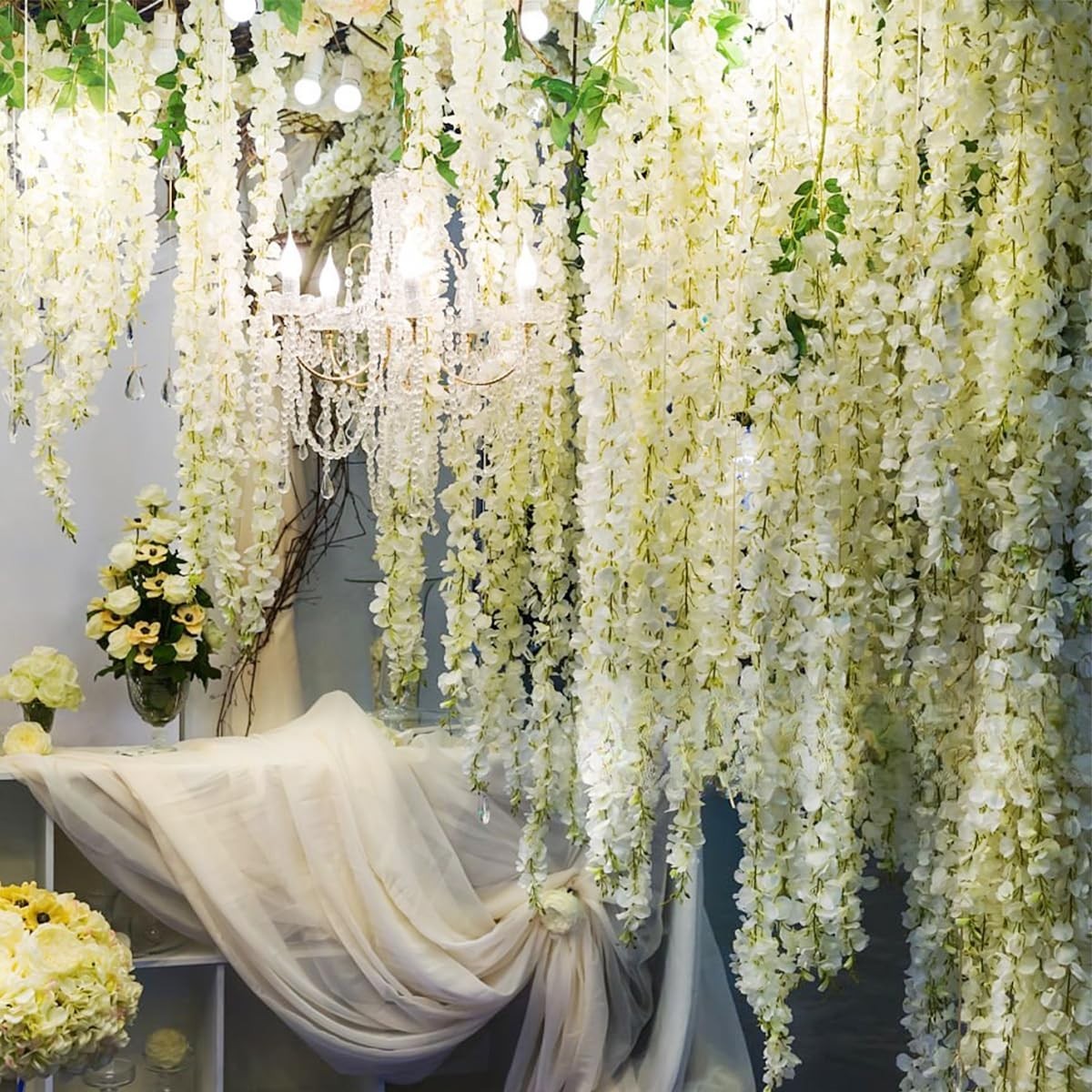 12 White Artificial Wisteria Flower Garland – Silk Hanging Vines for Home, Weddi