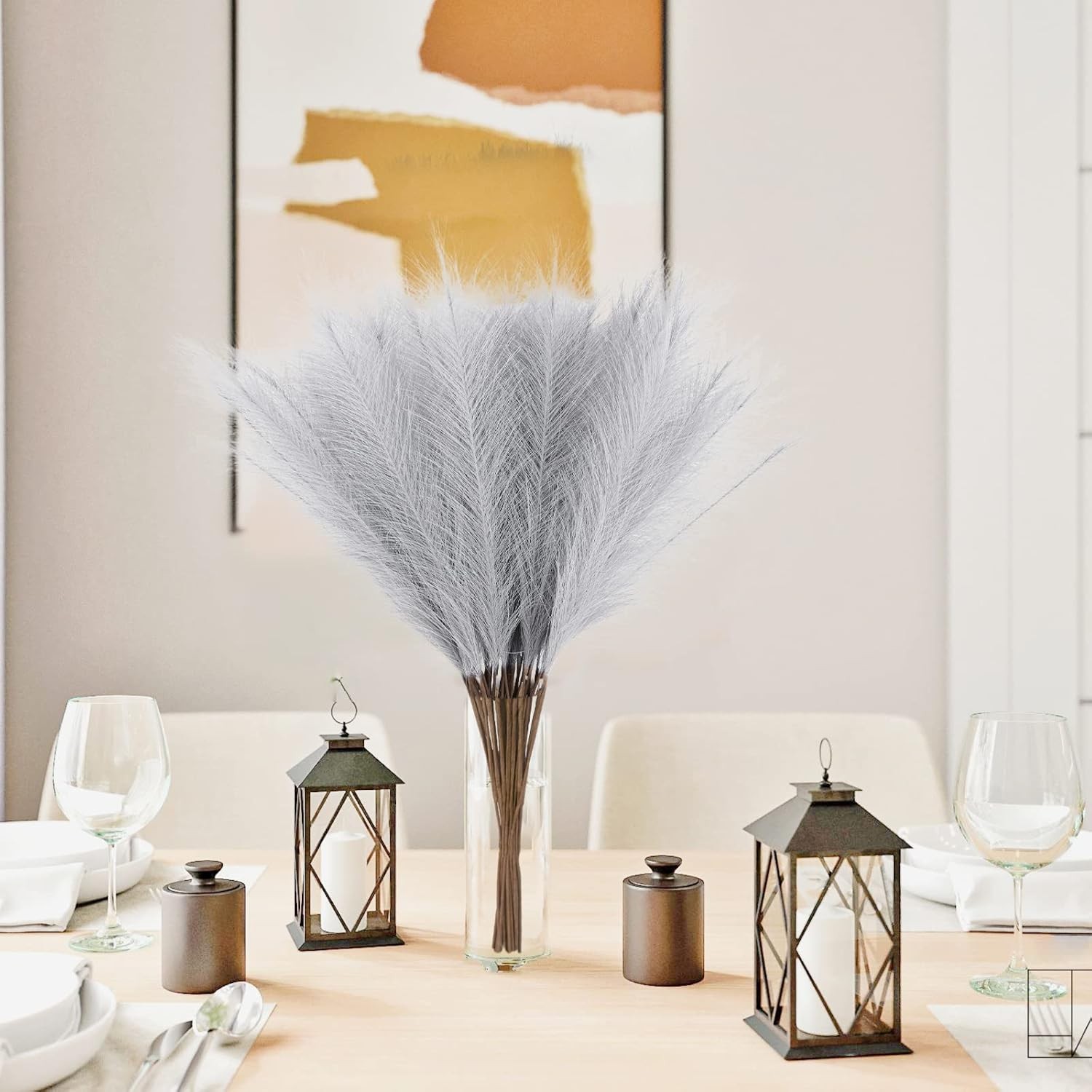 50pcs Faux Pampas Grass Grey, 21.6″ Short Artificial Pompous Grass Floral Fake