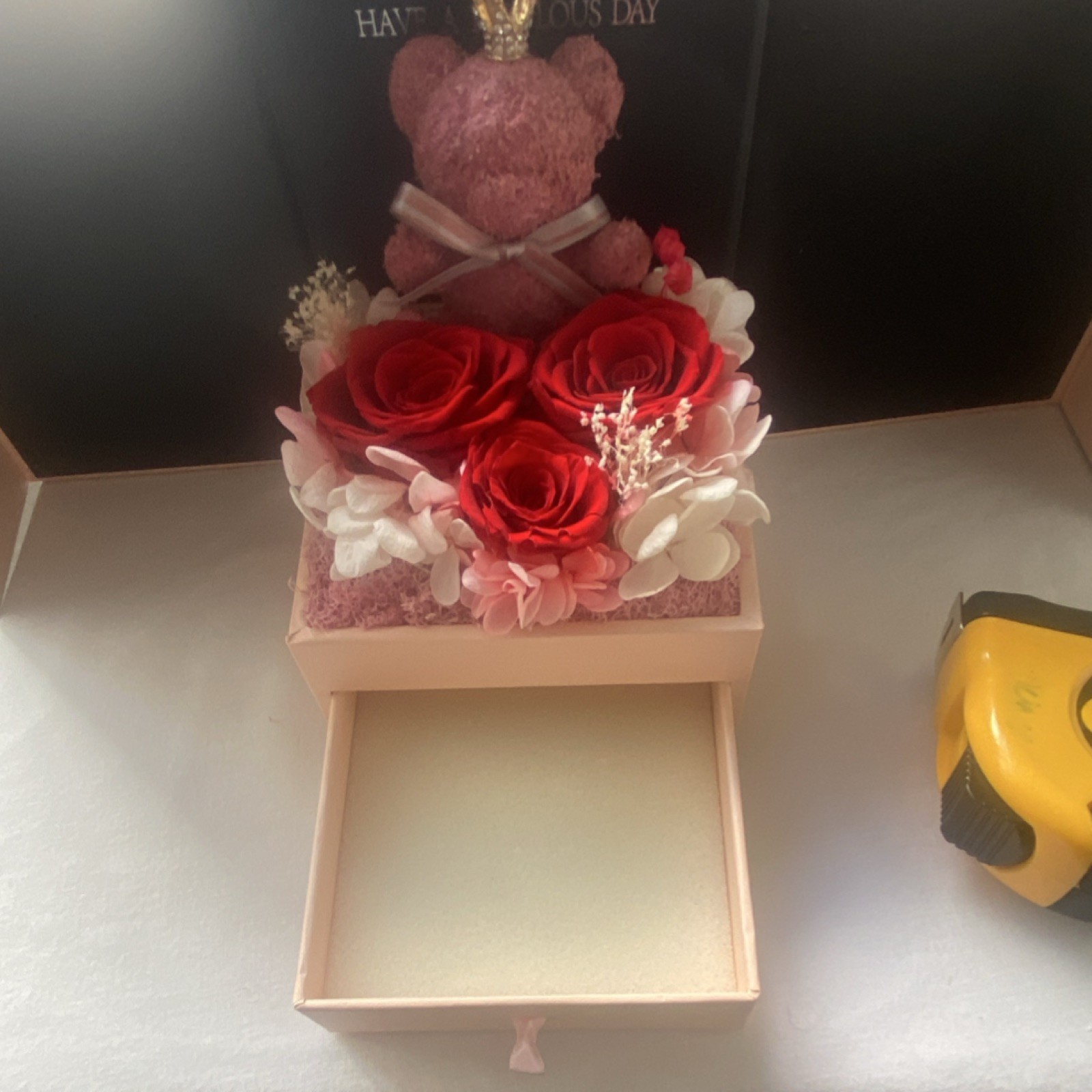 Artificial Rose Flower Box Arrangement w/ Pink Teddy Bear Love Theme 8″ x 5″