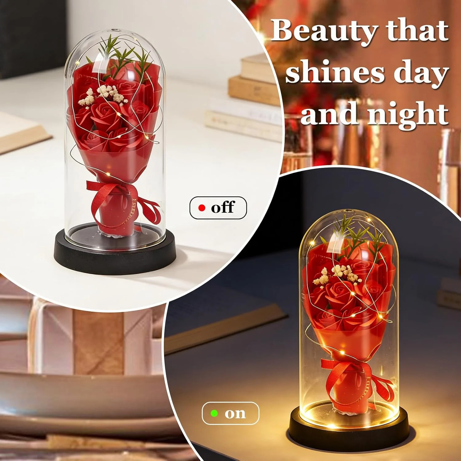 Preserved Flowers in Glass for Her,Pink Real Rose Bouquet with LED Light,Eternal