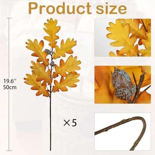 5 Pcs Artificial Fall Oak Leaves Stems – 19.6” Fake Autumn Foliage for Home Deco