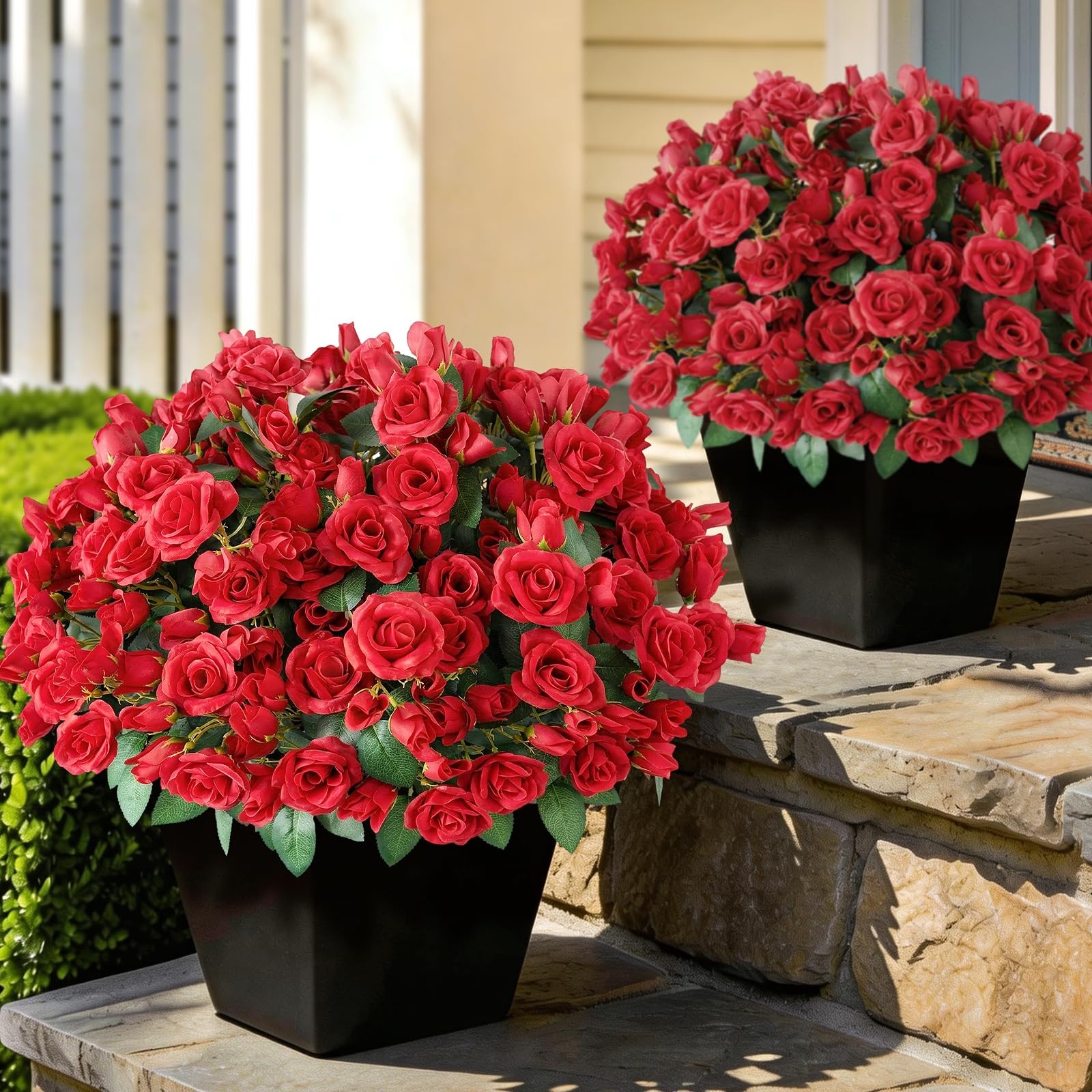 Bundles Artificial Roses for Front Door Outdoor Decor, Realistic Fake 8 Red