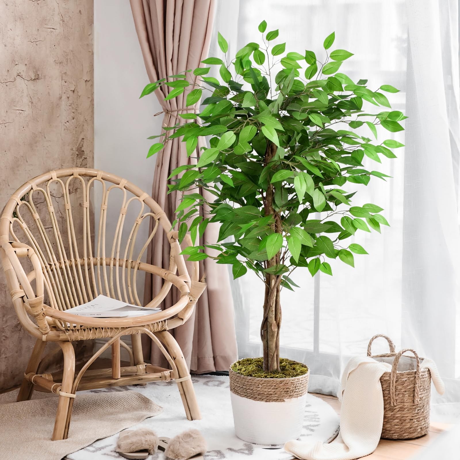 5ft Ficus Artificial Trees with Natural Curved Trunks, 60″ Tall Lush Faux Tre…