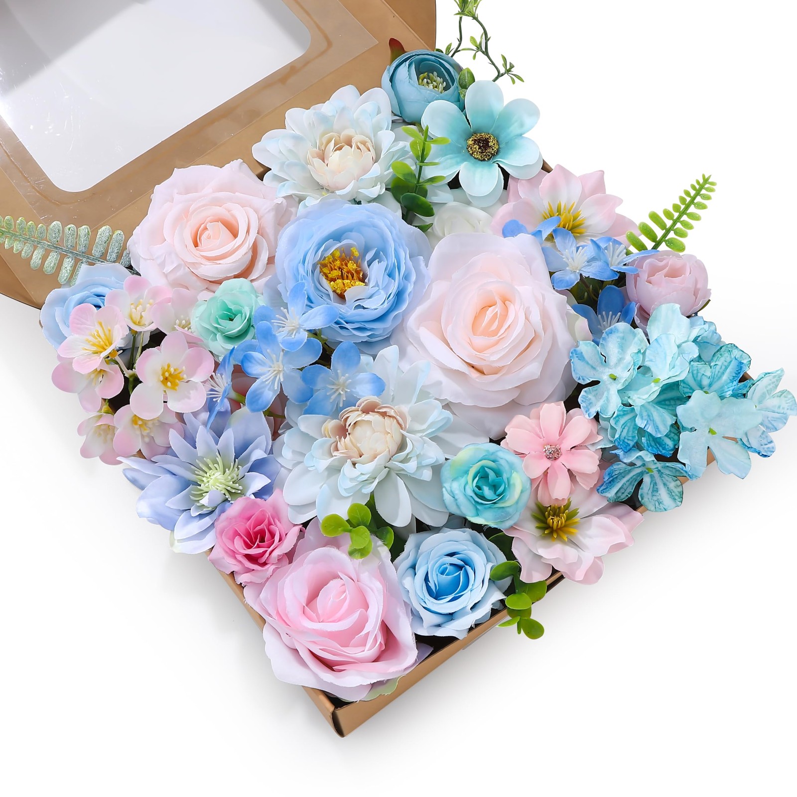 Blue, Pink, Green Artificial Flowers Combo Box Fake Silk Roses with Stems Hyd…