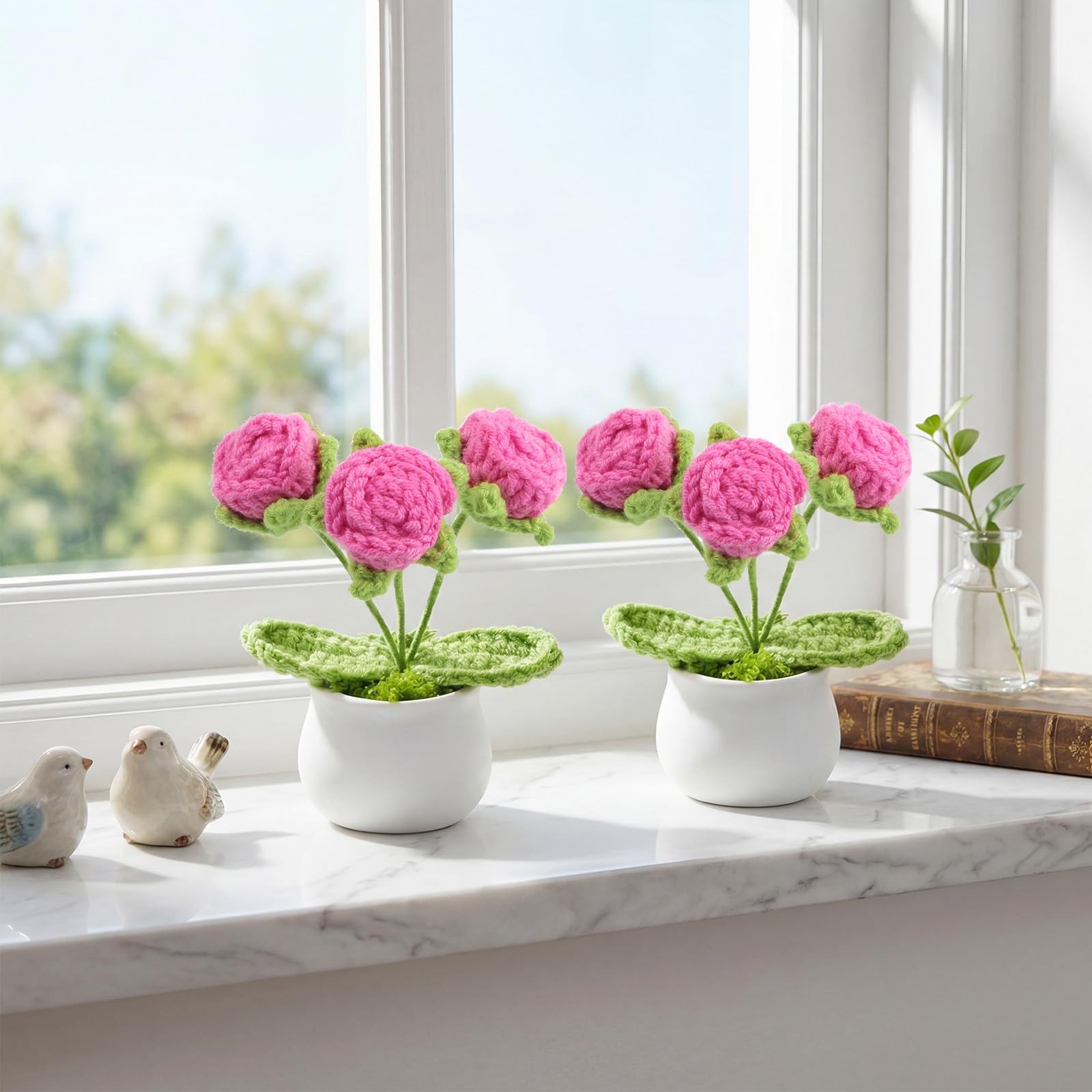 2PCS Crochet Flowers Hot Pink Roses Crochet Roses Mini Potted, Handmade Mini …