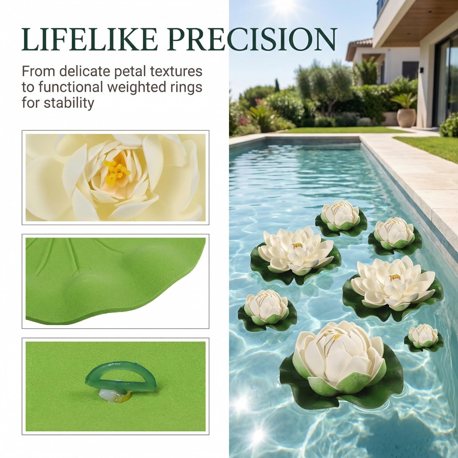 6pcs White Artificial Floating Lotus Flowers 7 Inch Lily Pads 2 Large(18cm) +…