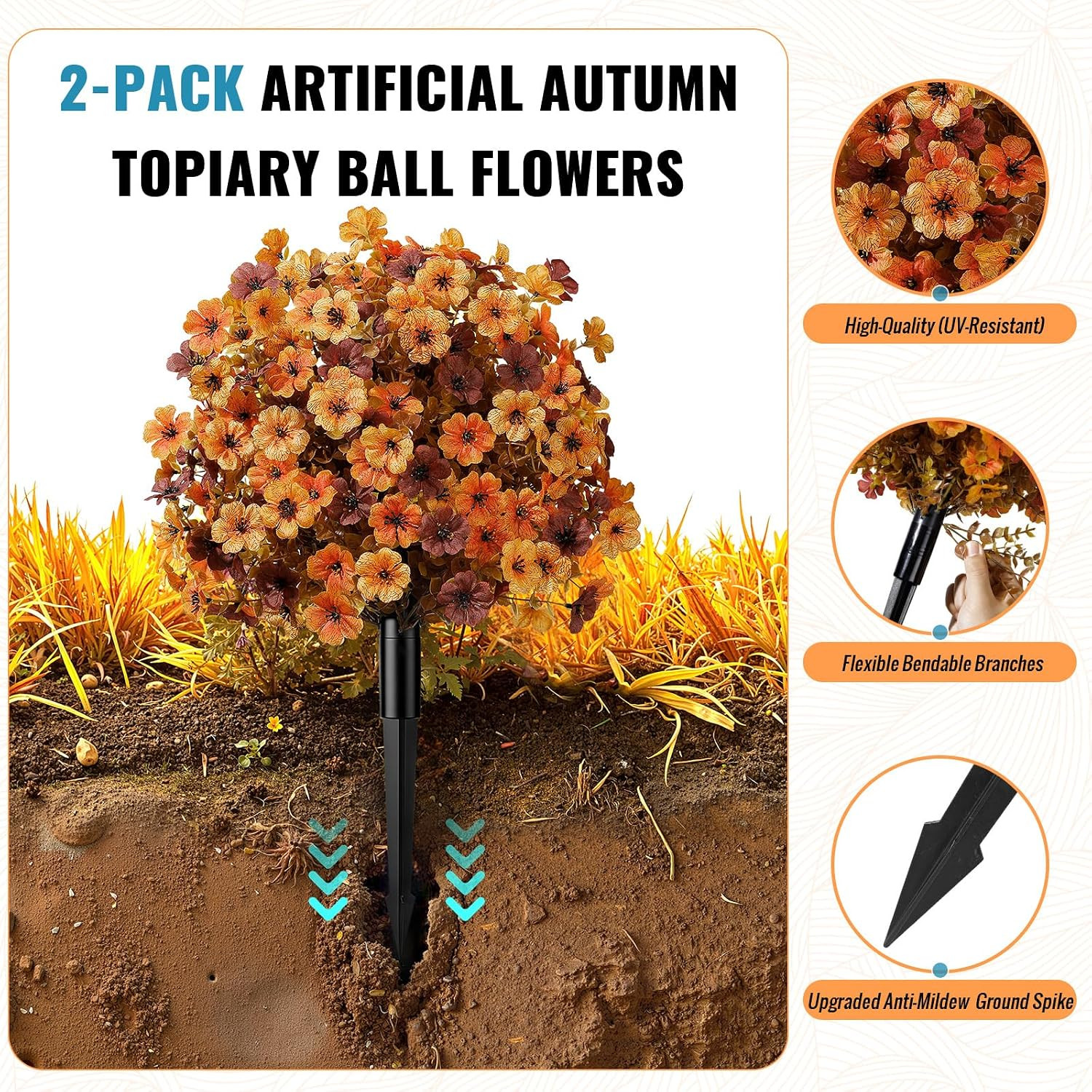 2Pcs 20″ Artificial Topiary Ball Flowers for Outdoors Planters, Fall