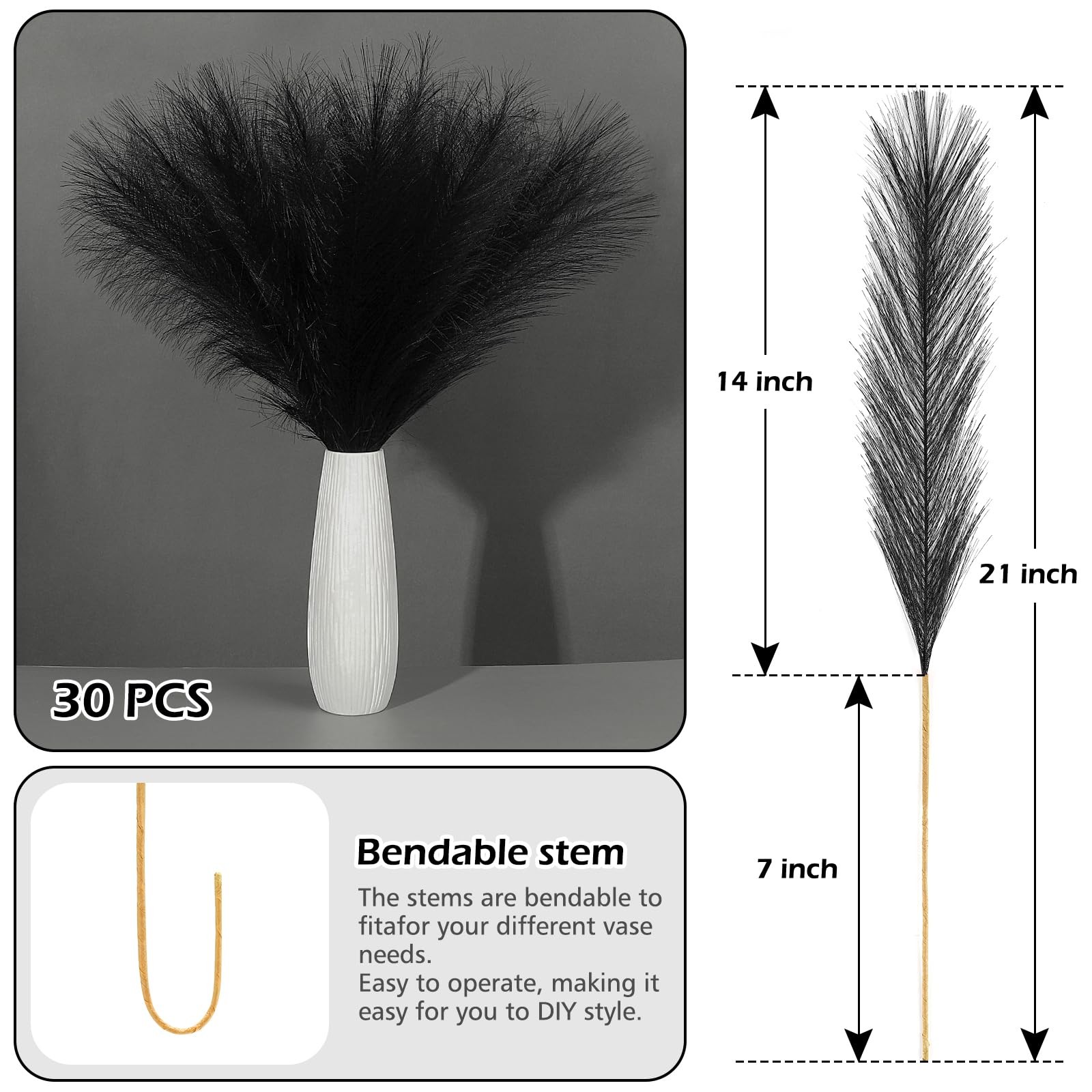 30 PCS Pampas Grass Black Decor 21.7″ Fluffy Faux Short Flower Vase Filler