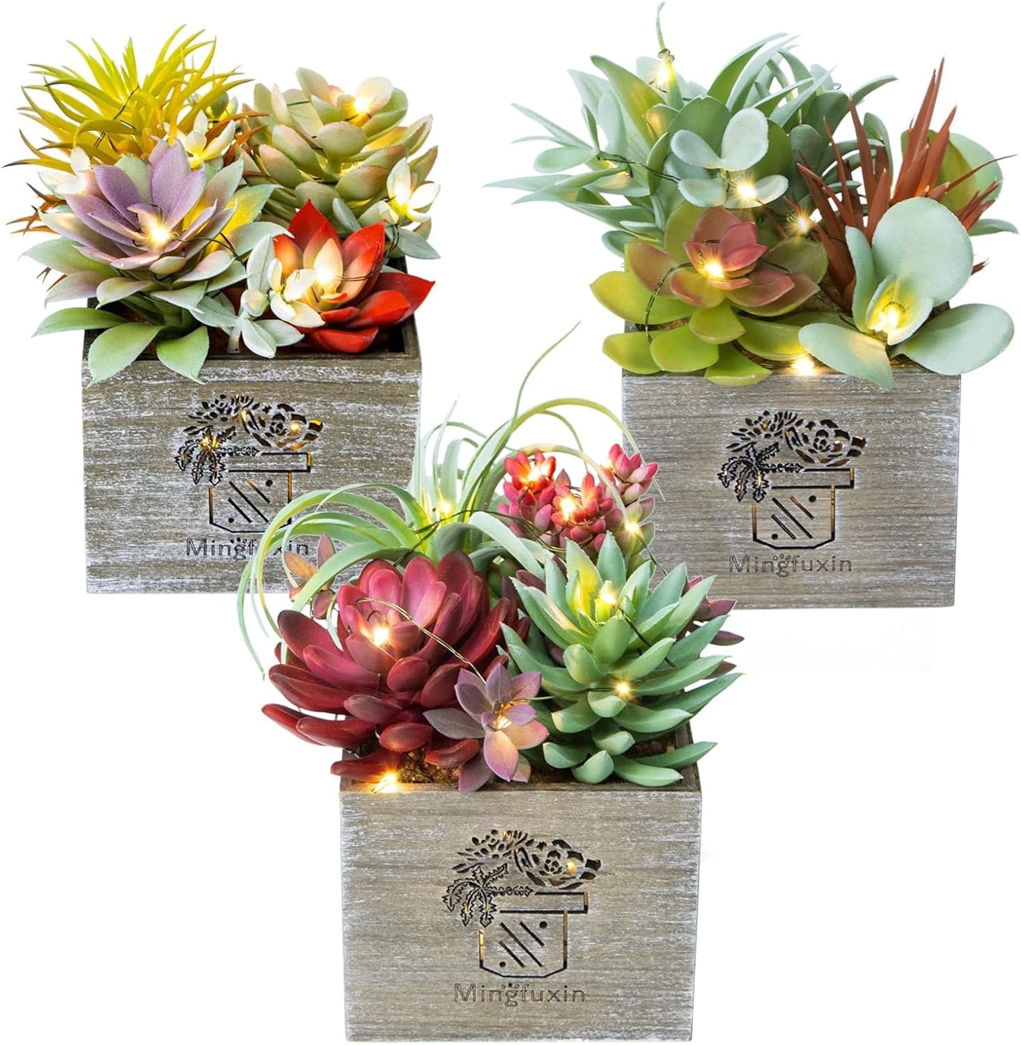 Succulent Plants Artificial, 3 Pack Small Fake Plants in Wood Pot for Home Decor