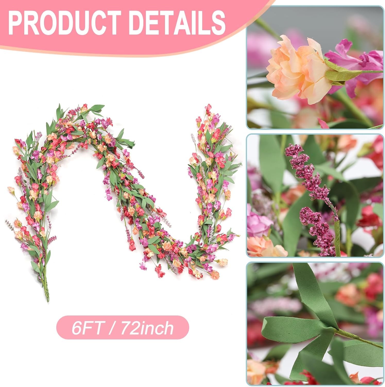 Flower Garland 6Ft Spring/Summer Garland Floral Garlands Mantle All Year Round