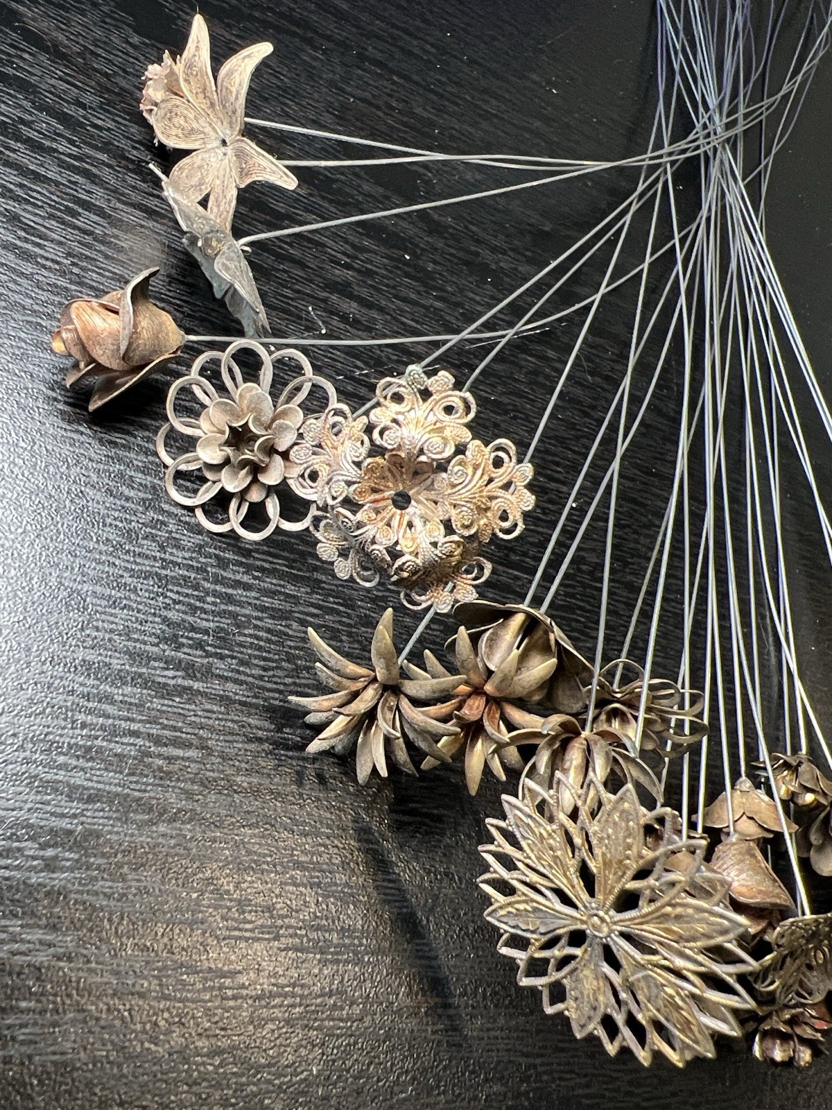VTG Antique Metal Filigree Openwork Flowers Bouquet Stems Millinery Bridal Craft