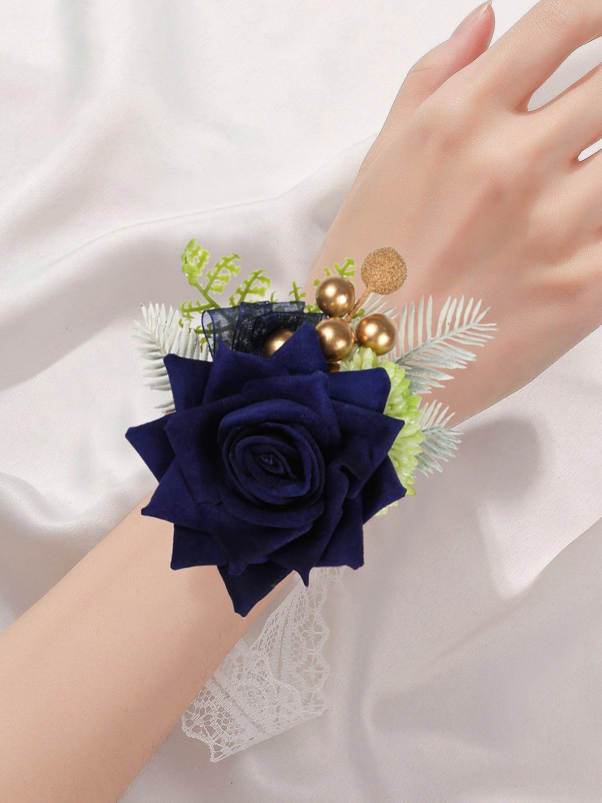 2 PCS Navy Blue Corsage And Boutonniere Set Artificial Rose Prom Wedding