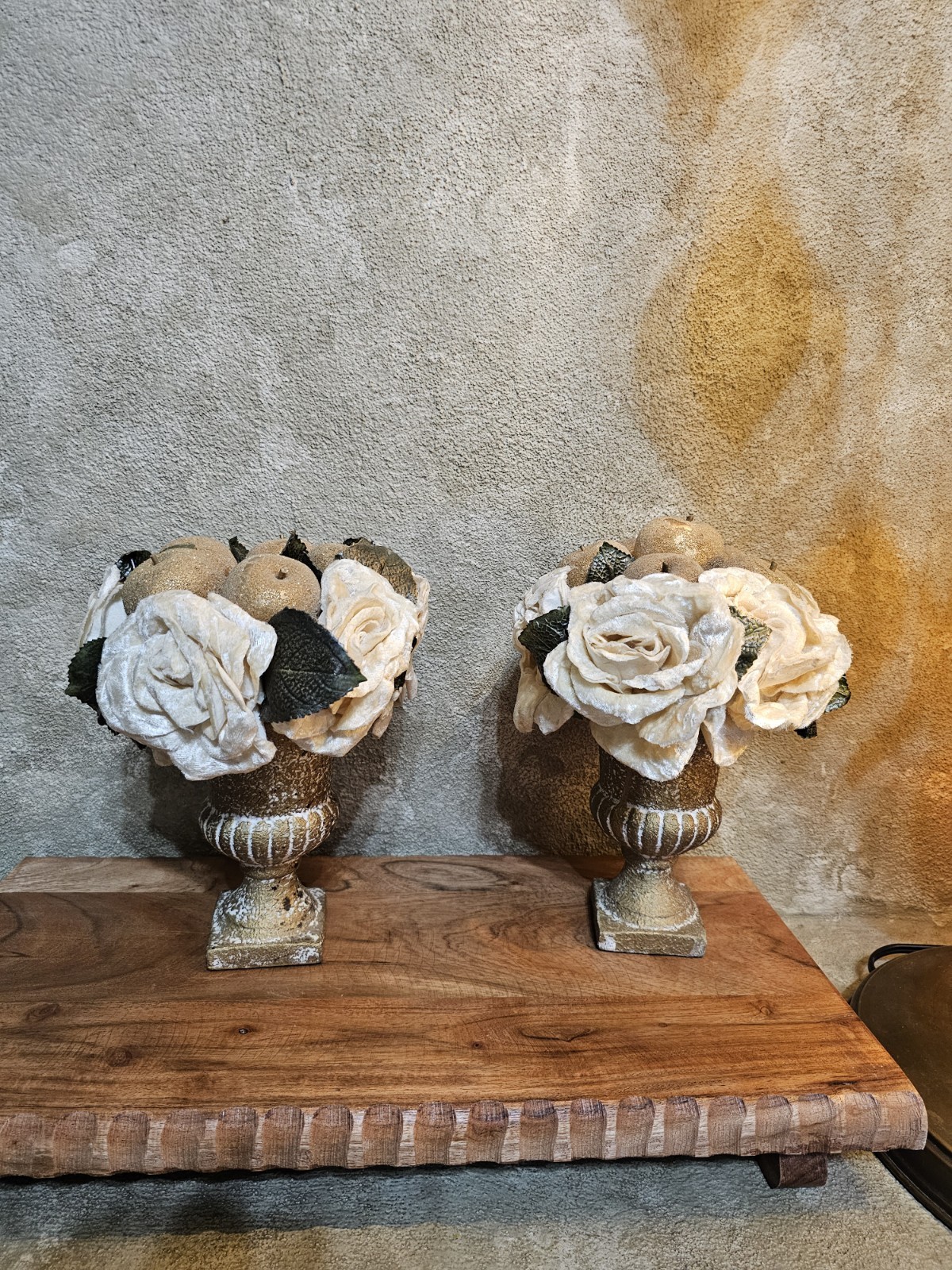 2 Vtg Velvet Floral Arrangement Cream Rose Glitter Apple in Champagne Urn/bowl