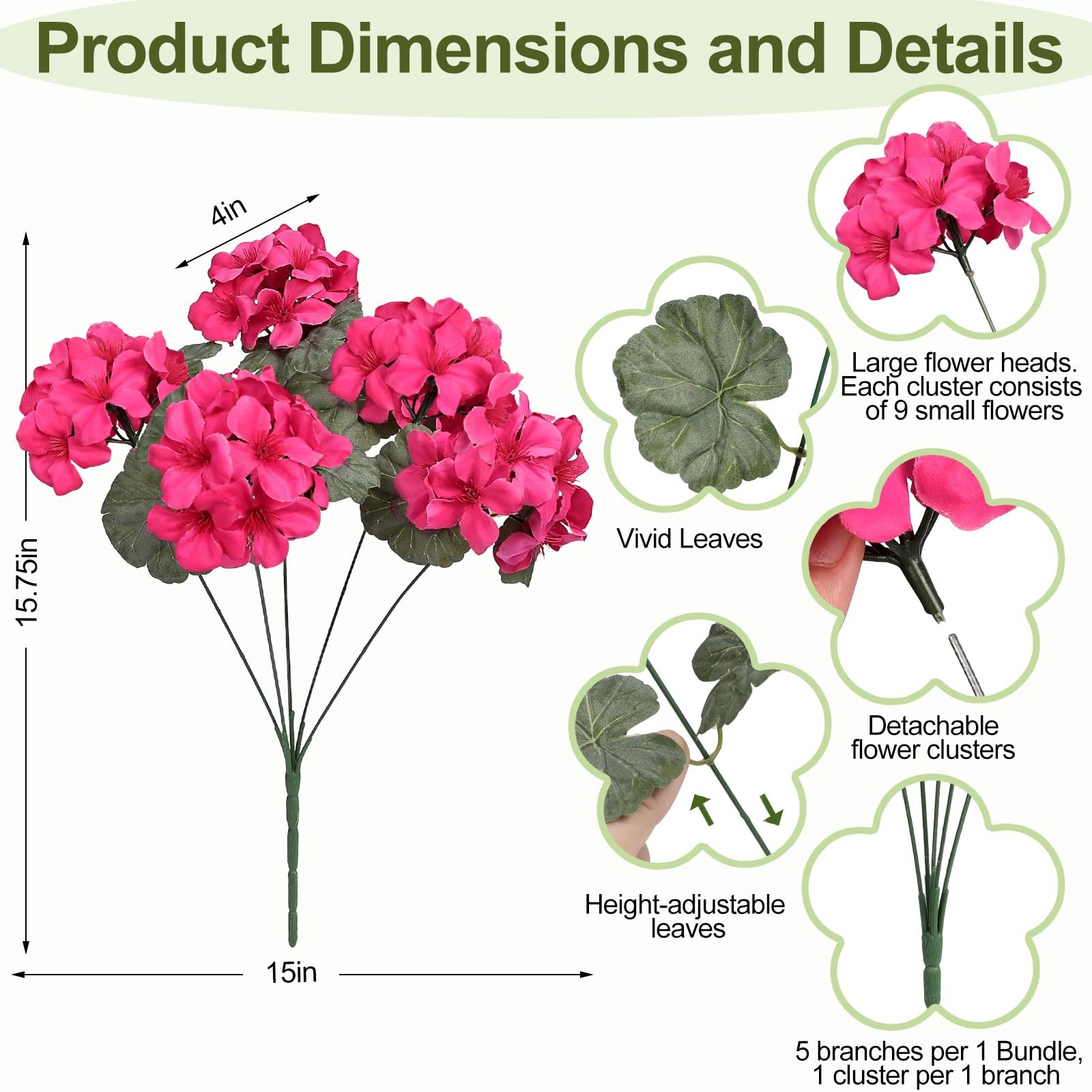 6 Bundles Fuchsia Geraniums Artificial Flowers Realistic, Large Headed Faux P…