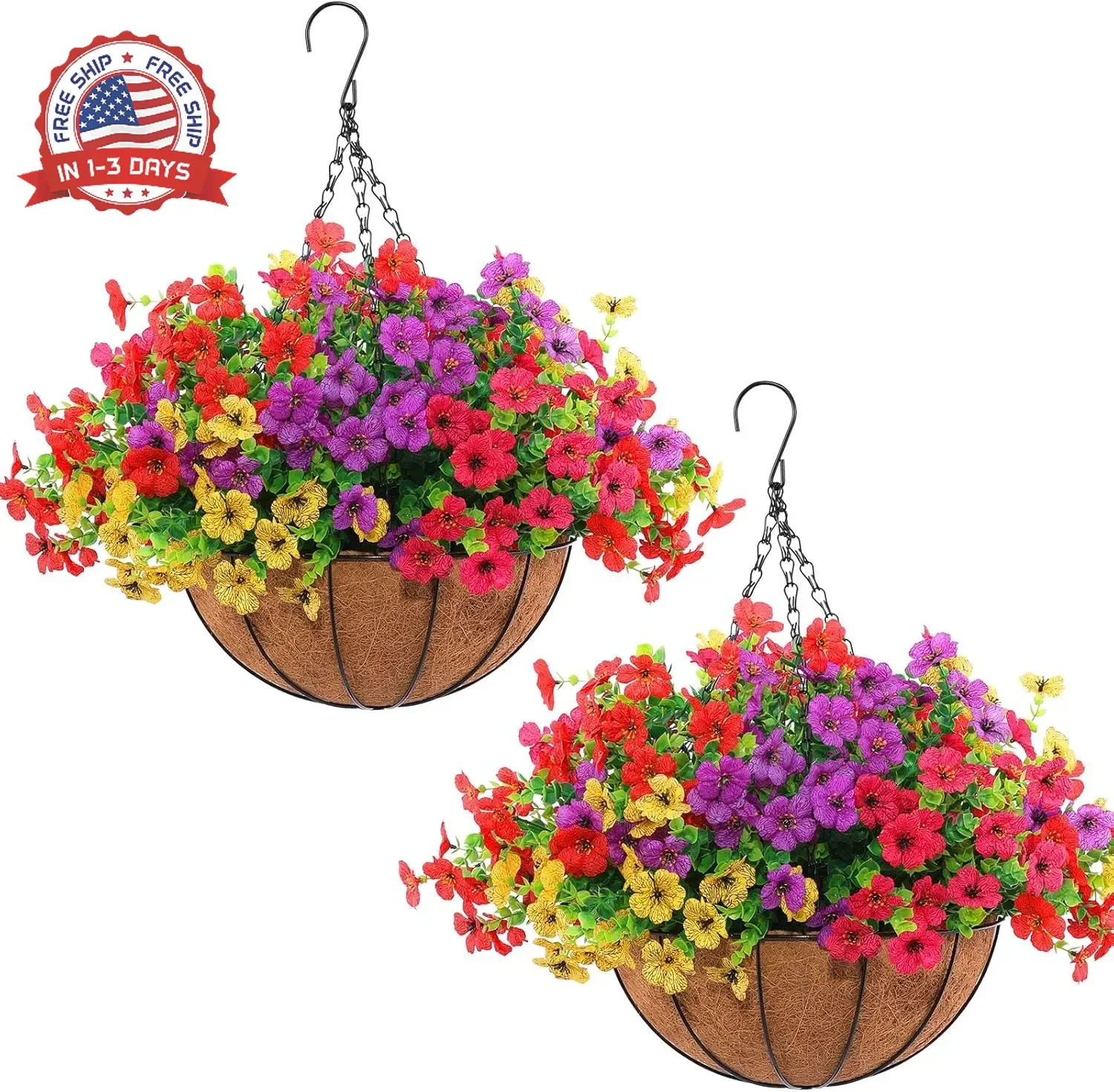 Hananona 2 Set Artificial Outdoor Flowers with Hanging Basket, 2 Hanging Planter