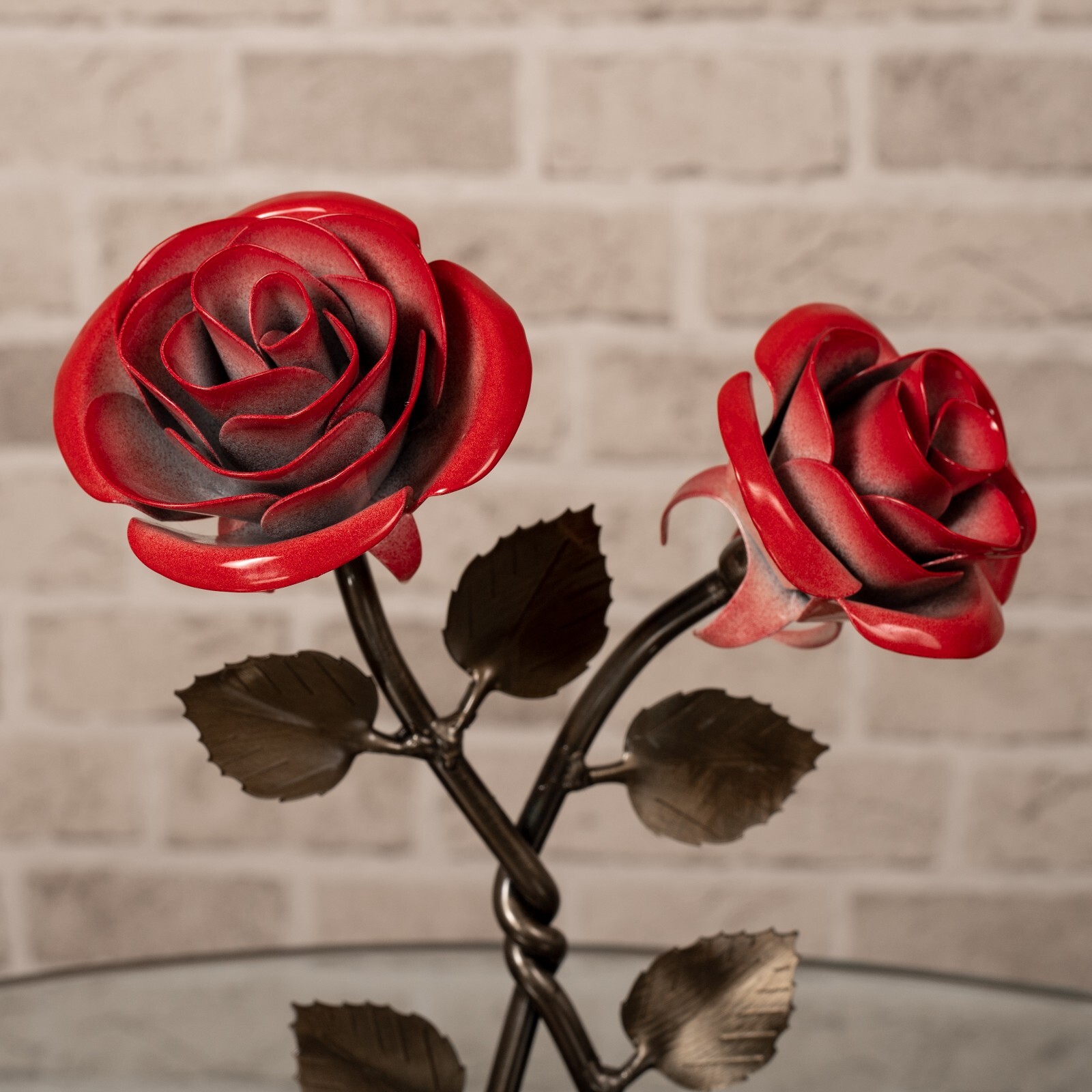 Hand-Forged Double Red Metal Rose with Twist – Iron Anniversary Gift