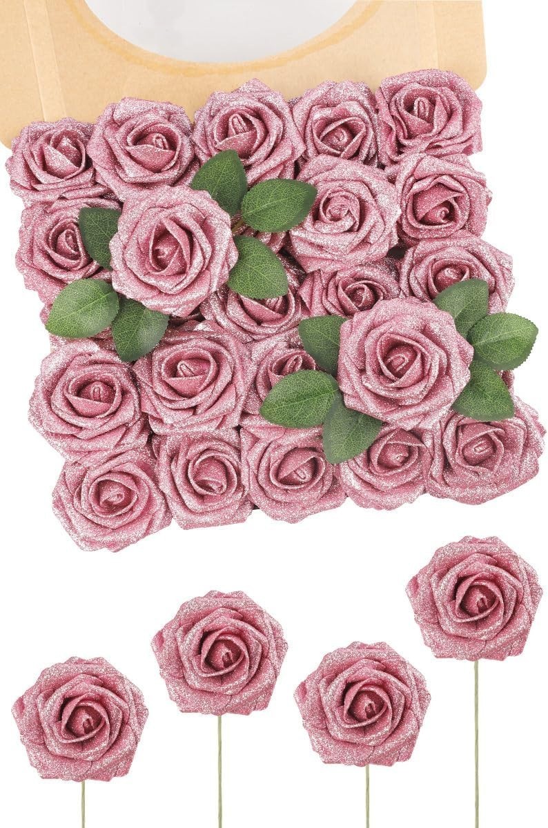 Elegant 25pcs Dark Pink Foam Roses with Leaves – Perfect for Weddings & DIY