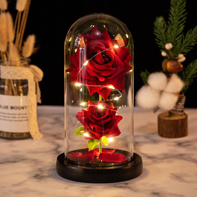 Christmas Valentine’s Day Birthday Gift Two Roses Glass Cover Ornament LED Light