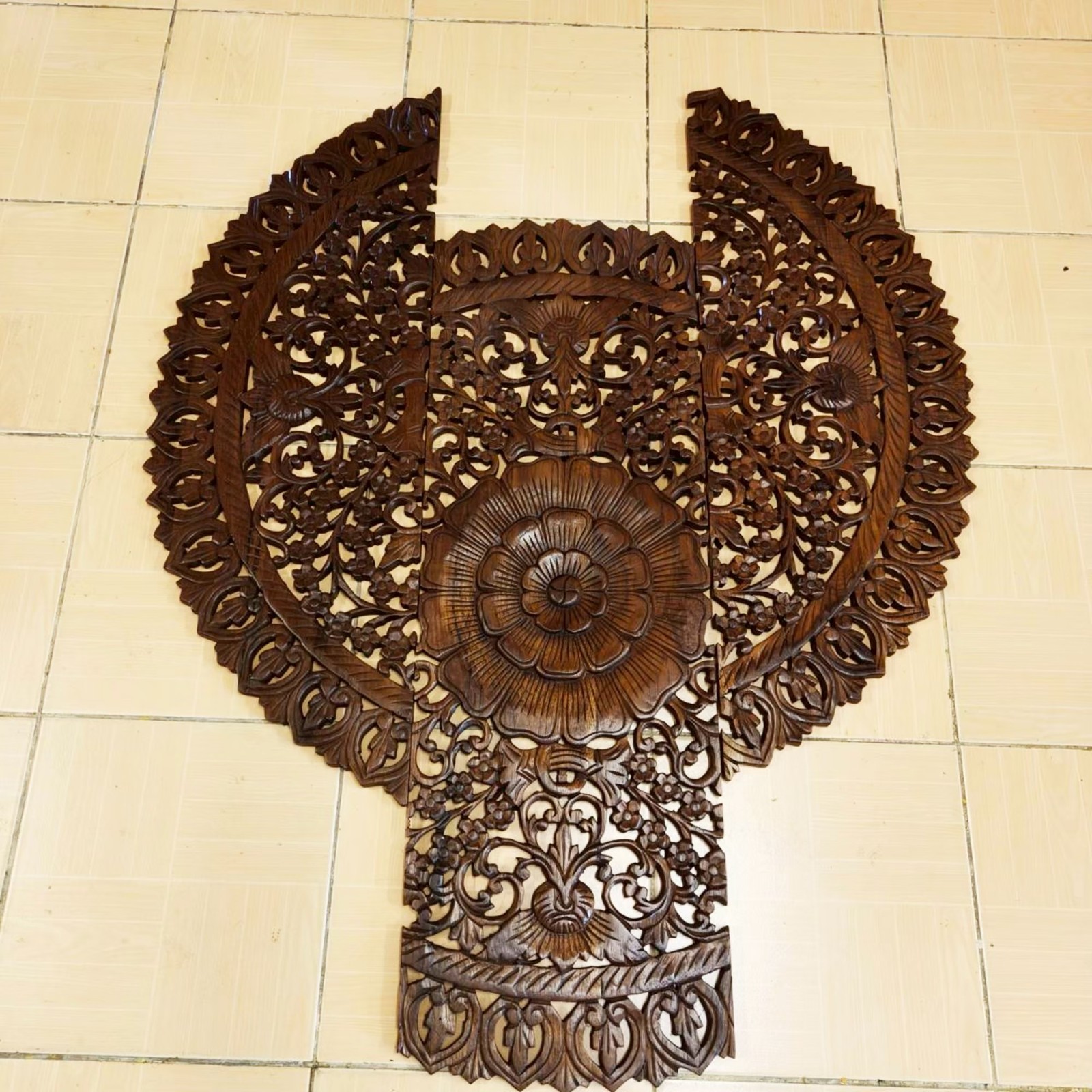Round Floral Mandala Wood Carving Panel 90 cm, 3-Piece Set