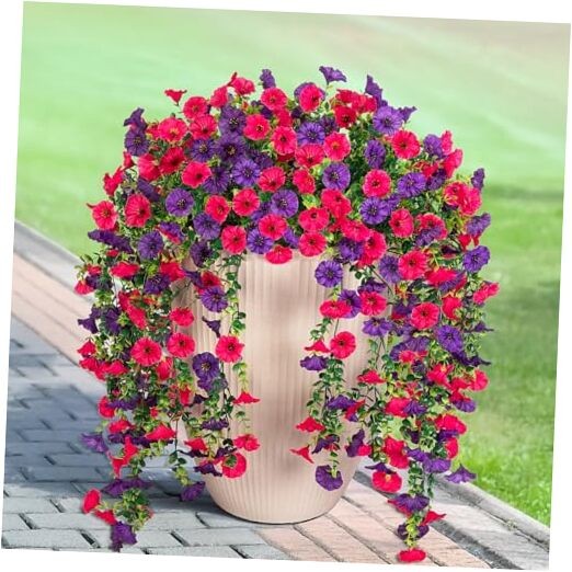 Artificial Hanging Flowers for Outdoor, 2pcs Fake Plants Hot Pink Dark Purple