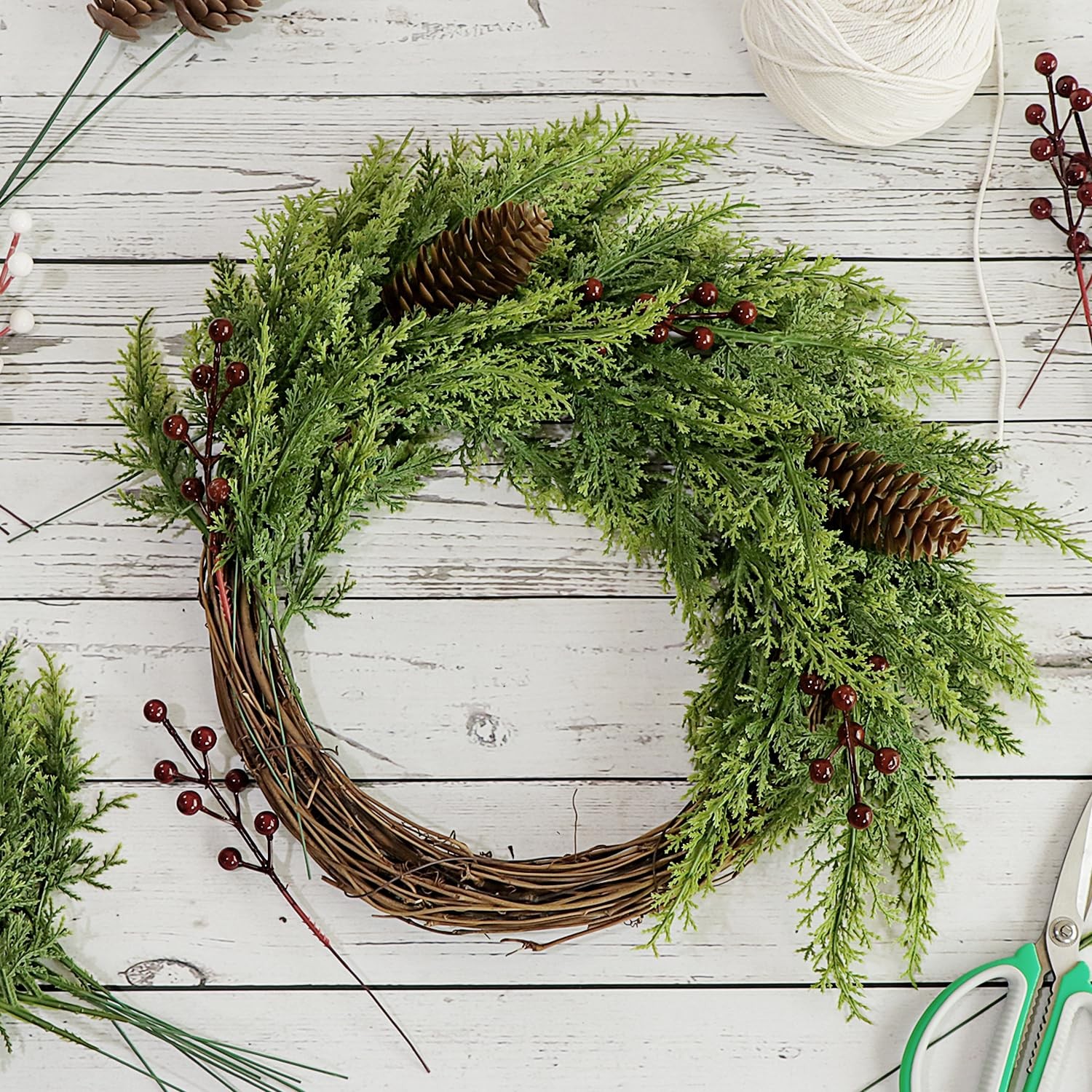 40 Pcs Artificial Pine Branches Pinecone Holly Set, 12.5 Inch Christmas Green…