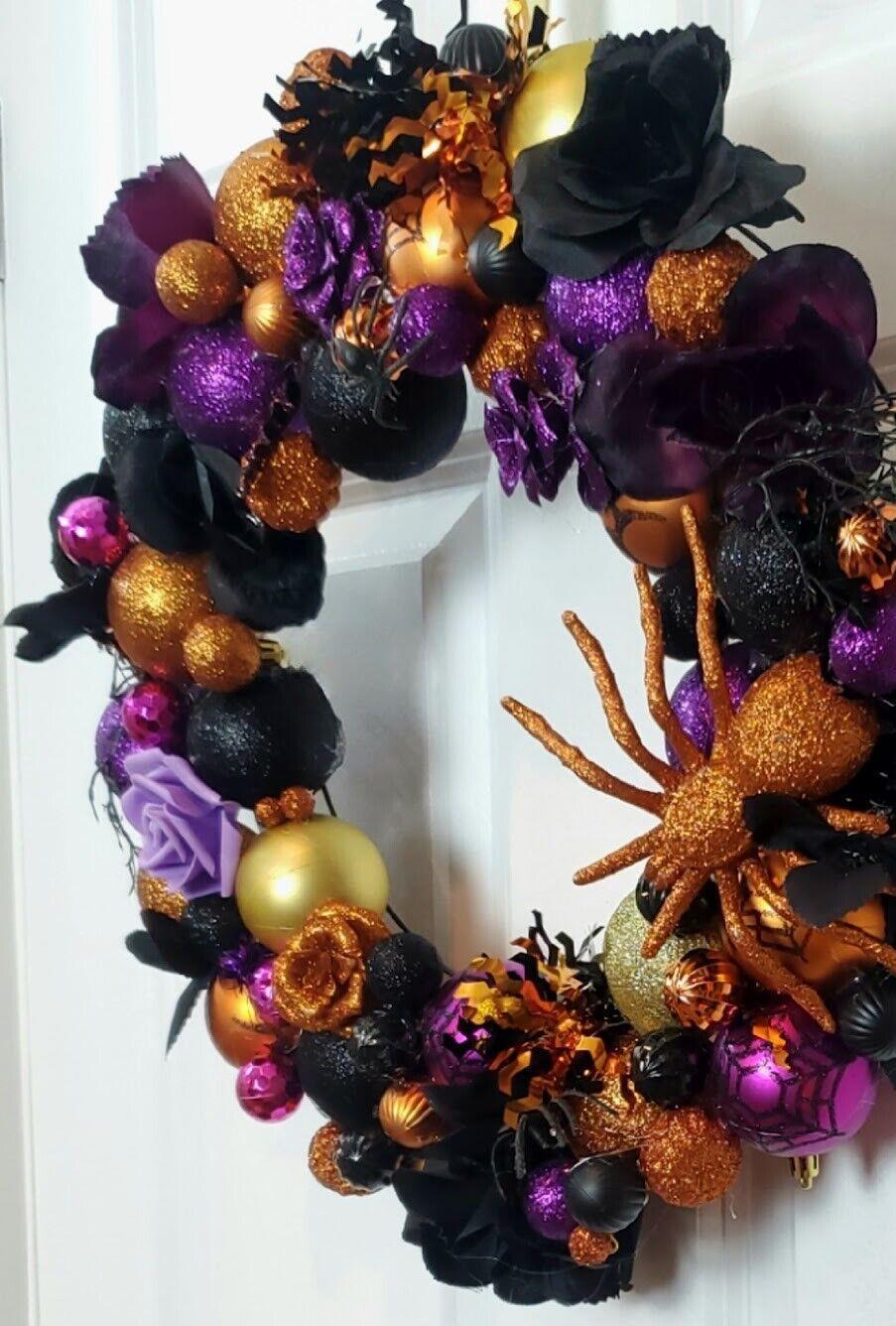 Halloween Ornament Wreath Large 18″ Handmade Front Door Glittered Rose Decor