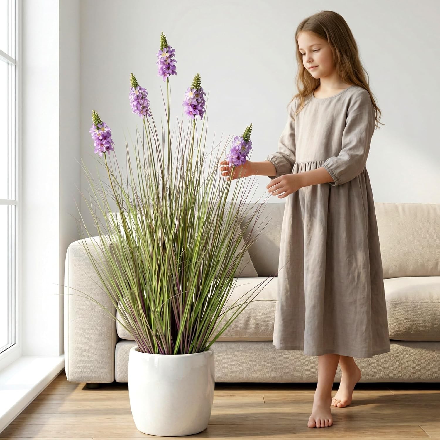 Tall Artificial Grass with Lilac Flowers 35.4In Green