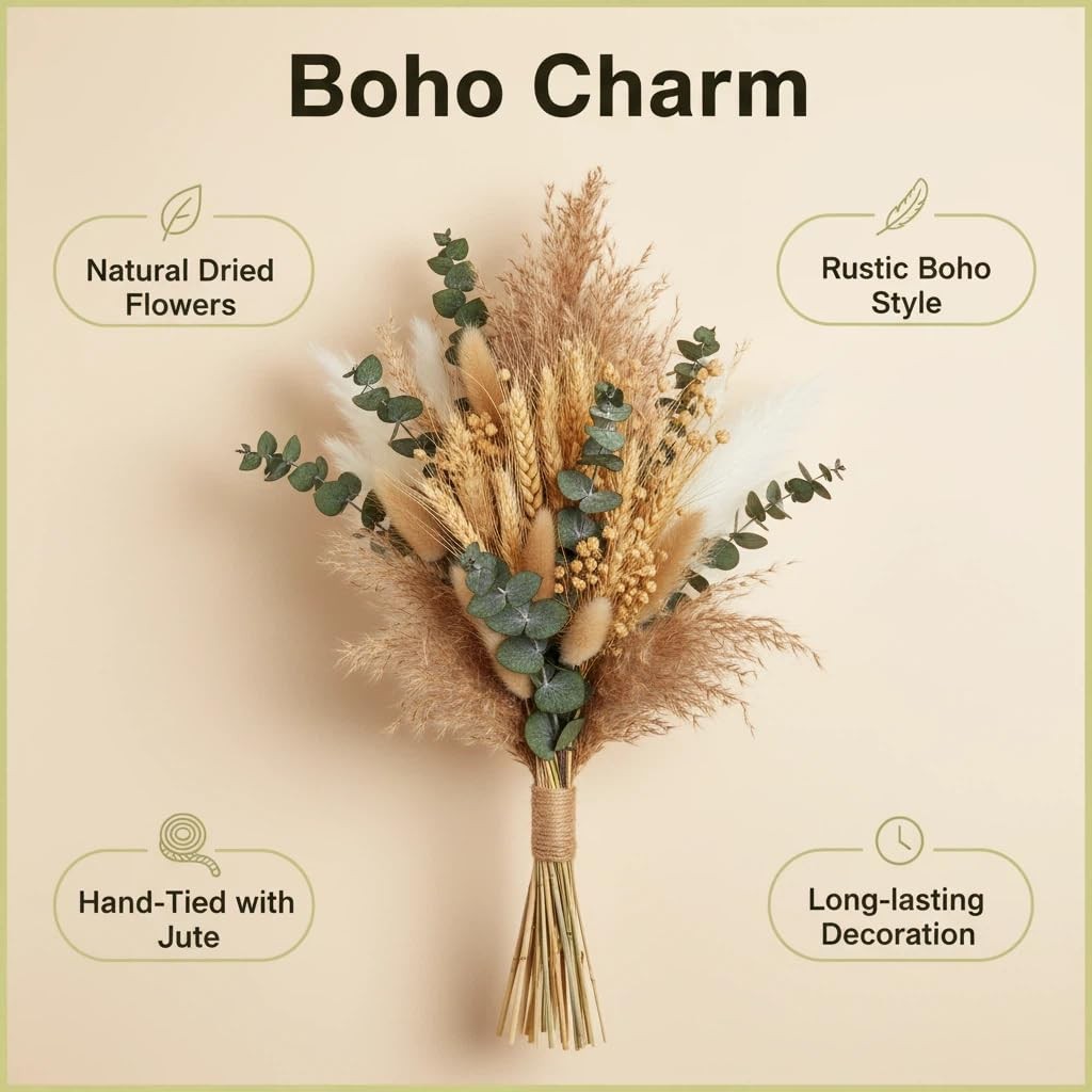355PCS Dried Pampas Grass Bouquet Set – Brown Pampas Grass & White Pampas Gra…