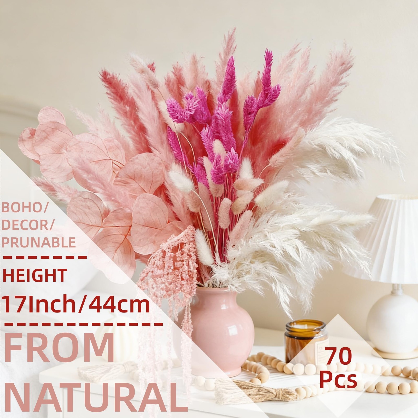 70 PCS Pink Dried Pampas Grass Bouquet Fluffy Plants Amaranthus Bunny Tails