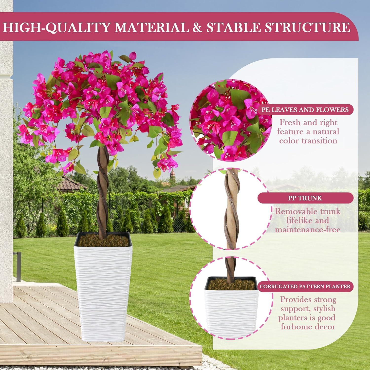 4FT Artificial Bougainvillea Tree in White Planter – Indoor/Outdoor Decor