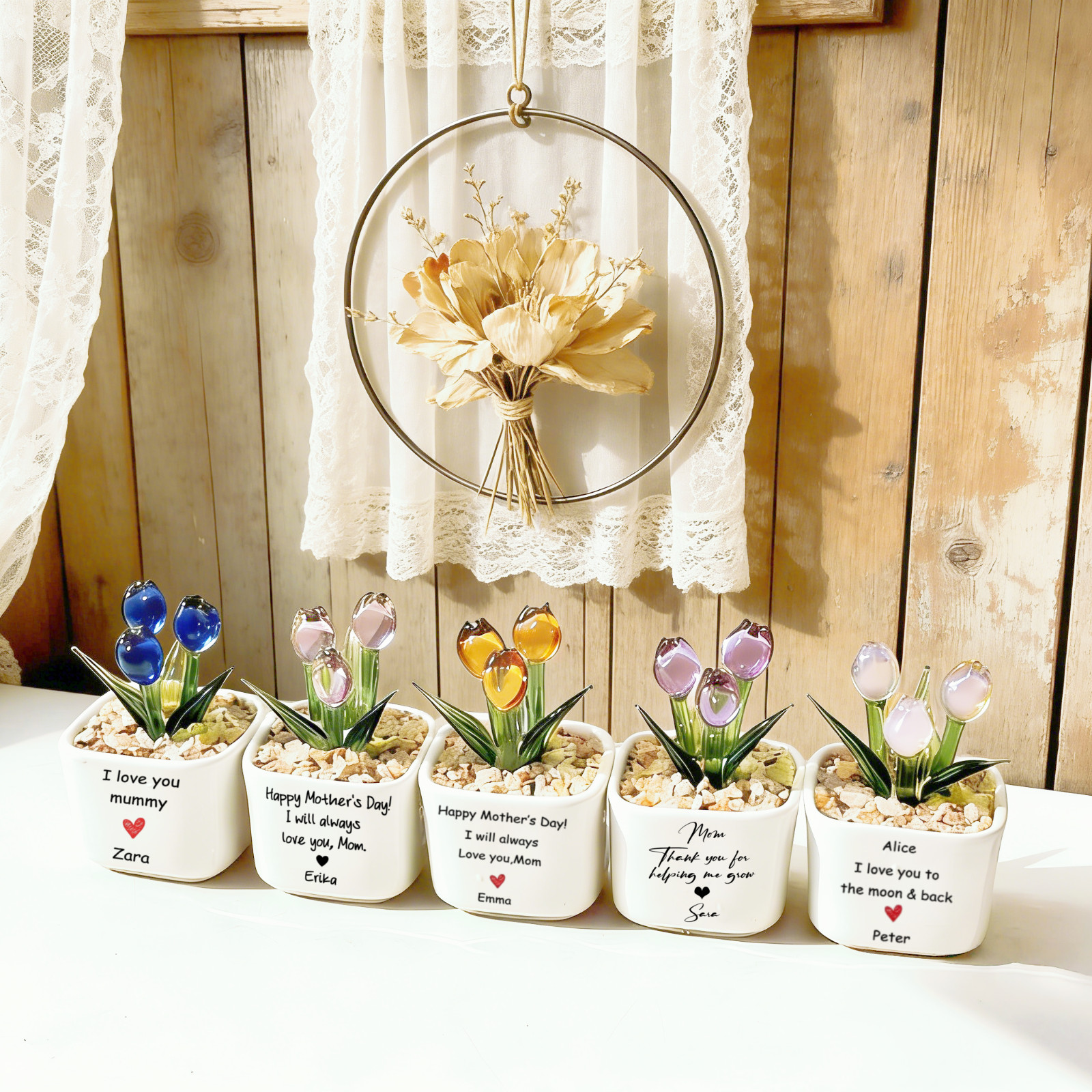 Custom Glass Tulip Flower Pot Personalized Gift for Mom Birthday Decor