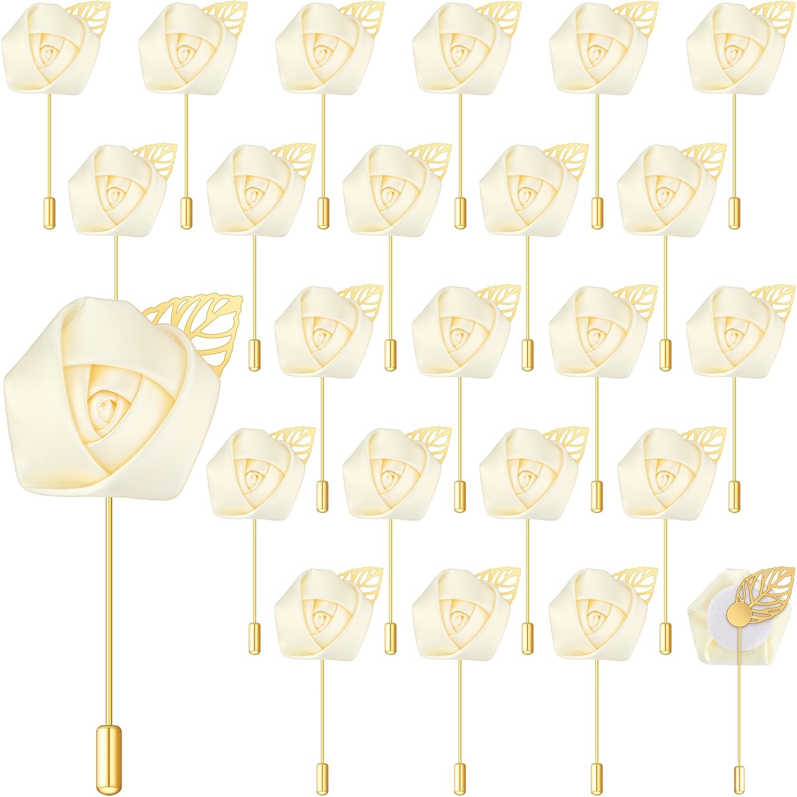 24 PCS Cream Rose Boutonniere Wedding Buttonholes Pocket For Men Prom Pin
