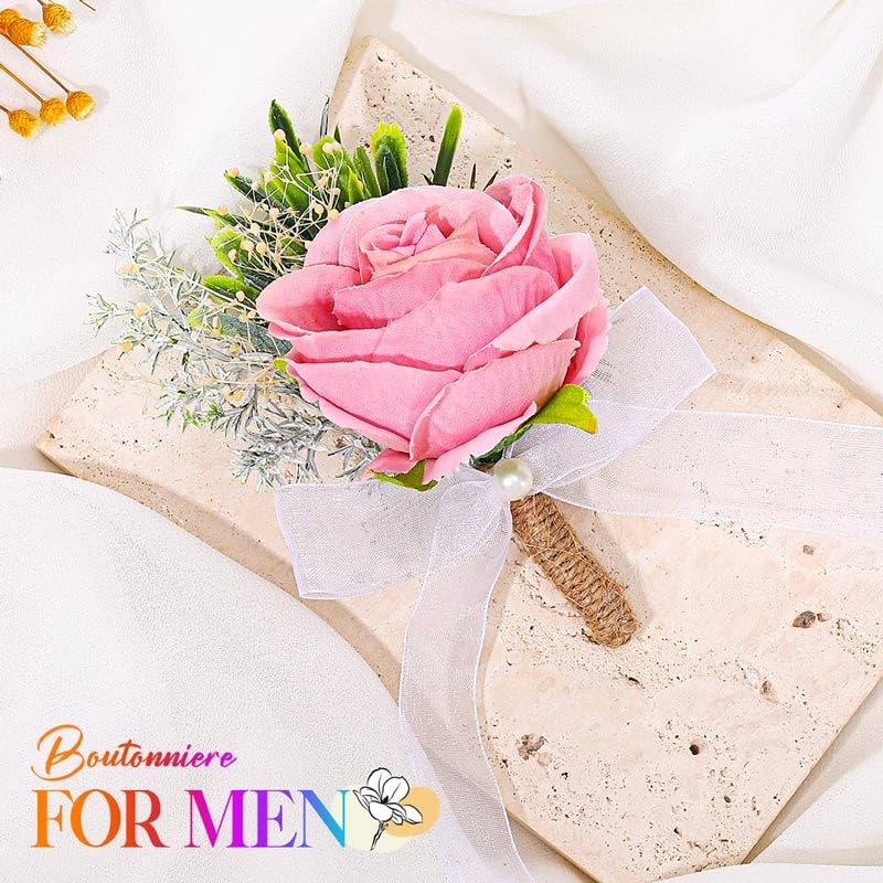 Pink Groom Wedding Rose Boutonniere Prom Buttonhole Suit Accessory Decor
