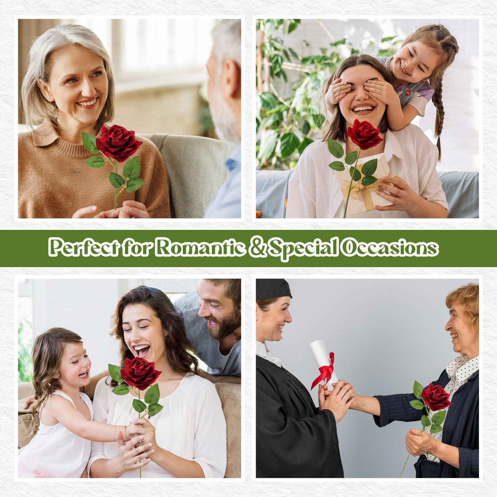 Velvet Single Roses Red Artificial Flowers, Fake Silk Rose Faux Look Real Floral