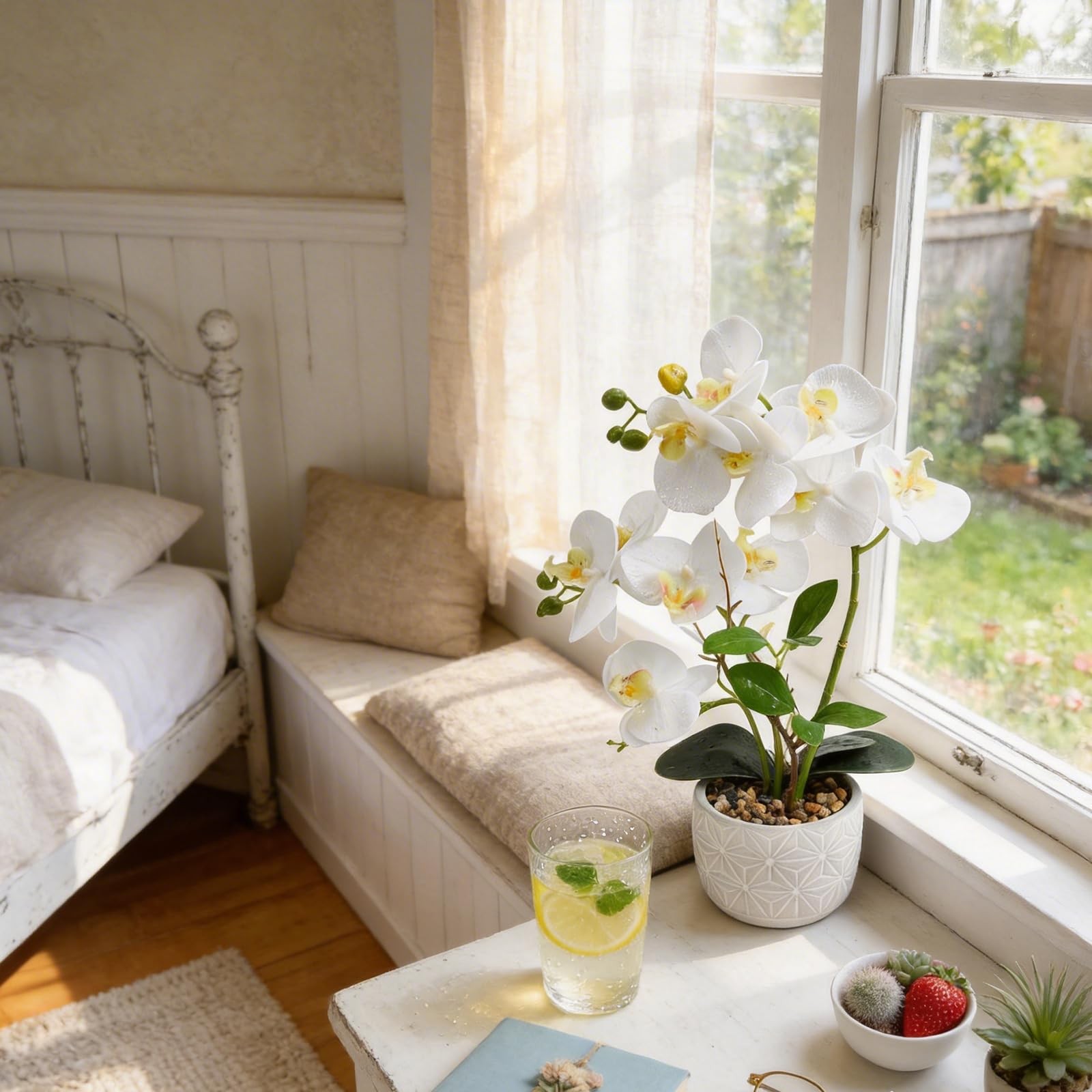 White Artificial Orchid Flowers Potted Plant Real Touch Faux 16 Inch