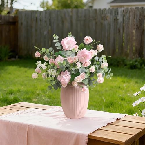 10pcs Faux Silk Rose Artificial Flowers, Bulk Fake Eucalyptus with Pink Rose
