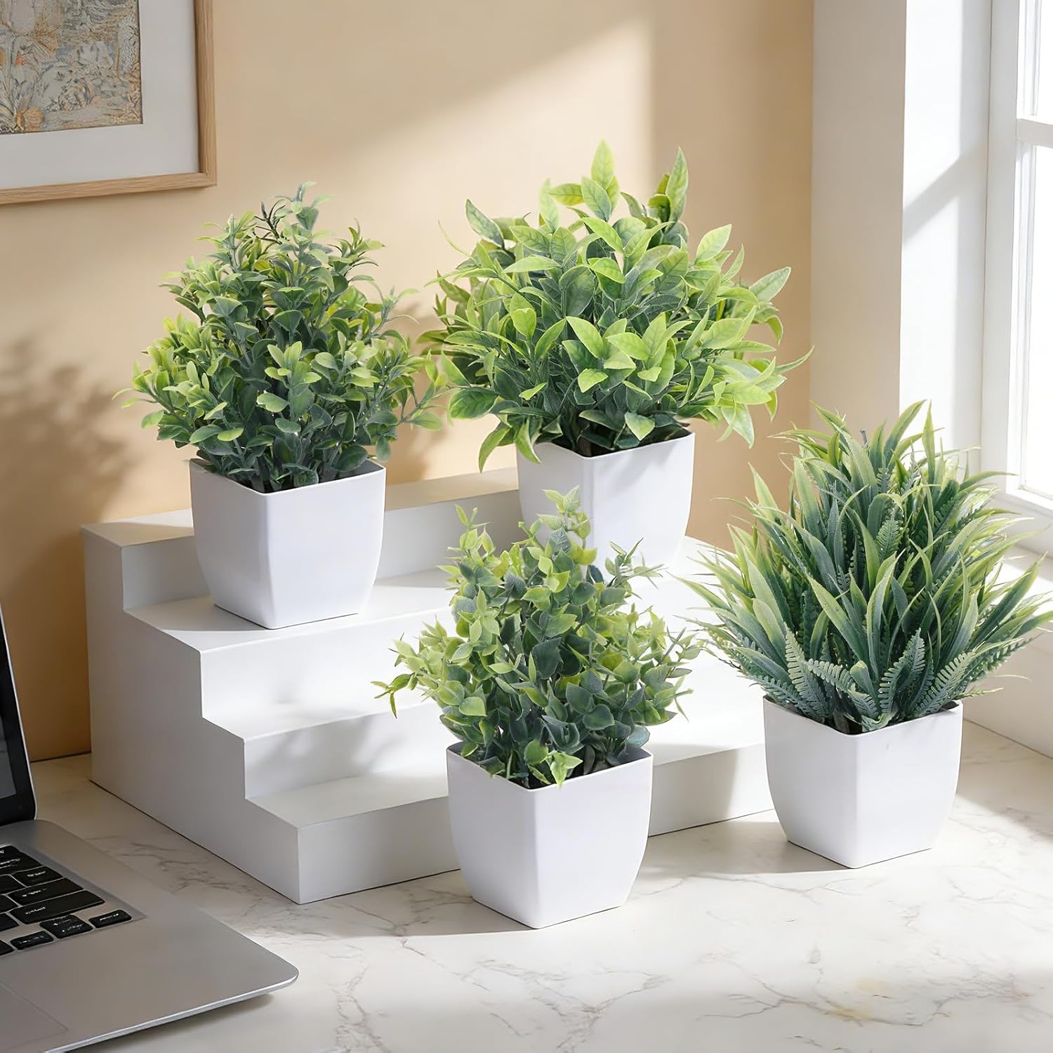Fake Plants 4 Packs Small Artificial Greenery Mini White Potted Plants Bathroom