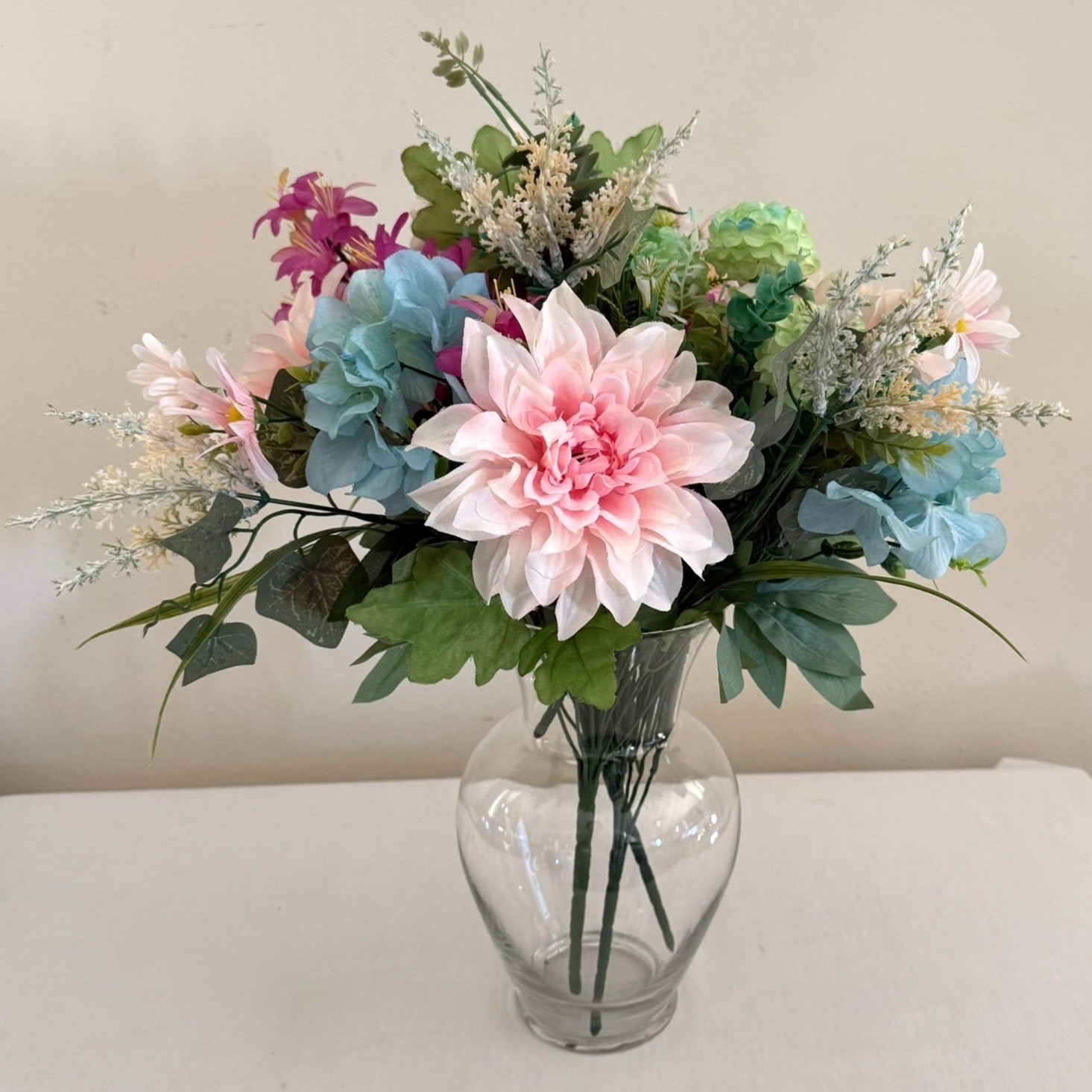 Upcycled Handcrafted Artificial Floral Arrangement Blue Green Pink Flowers OOAK