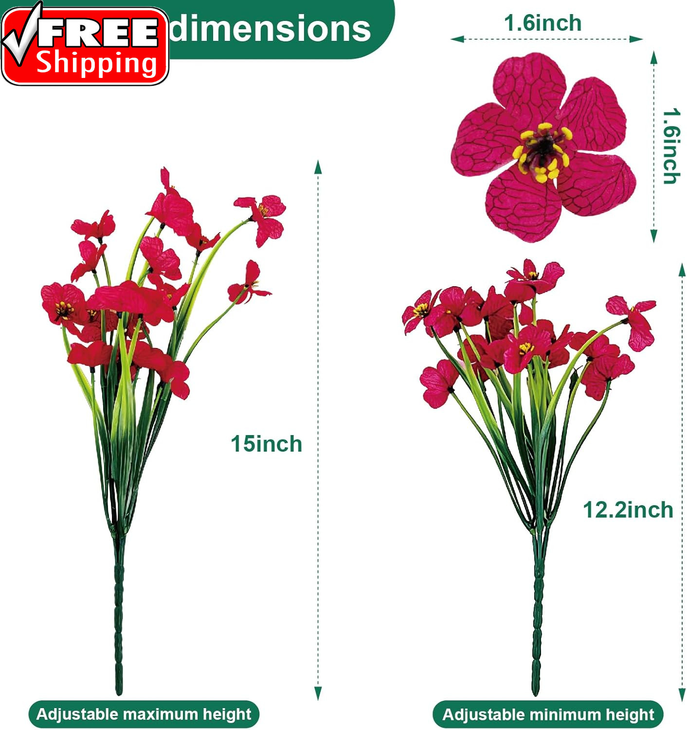 24 Pcs (6 Color) UV Resistant Outdoor Artificial Faux Flowers Plants Realistic P