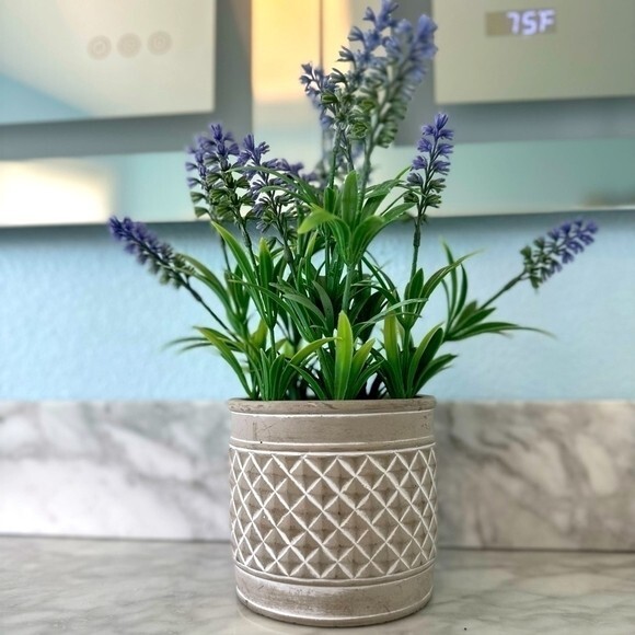 Artificial Lavender Plant White Cement Planter 12″ Indoor Outdoor Faux Floral VG